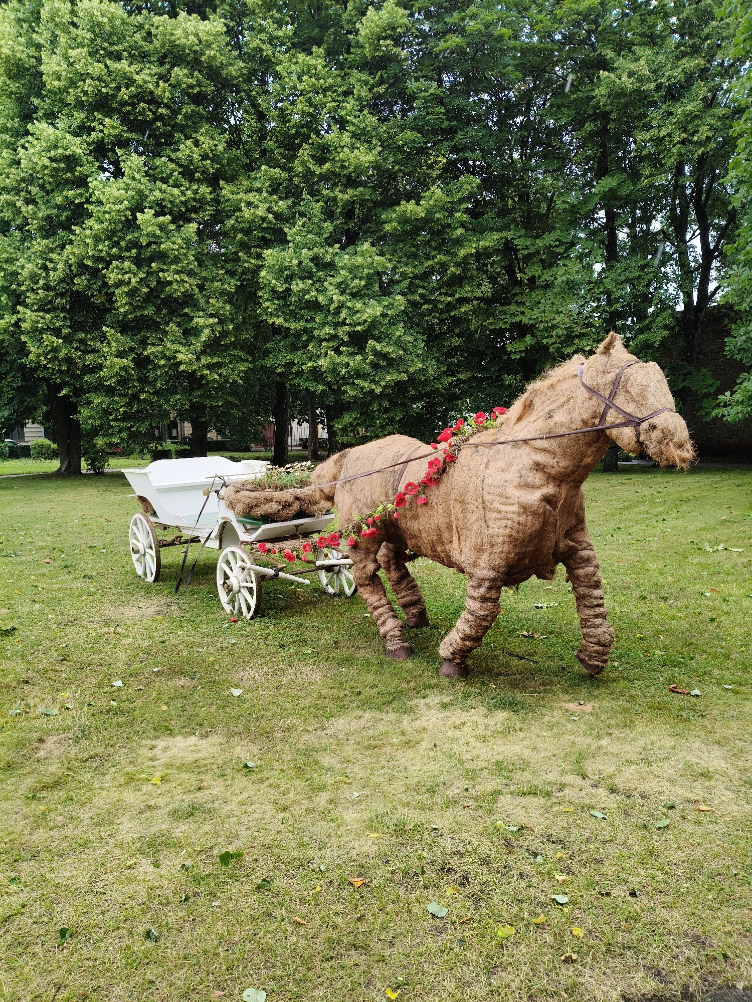 A topiary horse and carriage are displayed on a grassy lawn in Ventspils, Latvia. The horse, made of straw or burlap, is adorned with red flowers along its mane and back. A brown harness is visible on its head. The carriage, painted white with spoked wheels, is attached to the horse and appears to be empty. The scene is set against a backdrop of lush green trees.