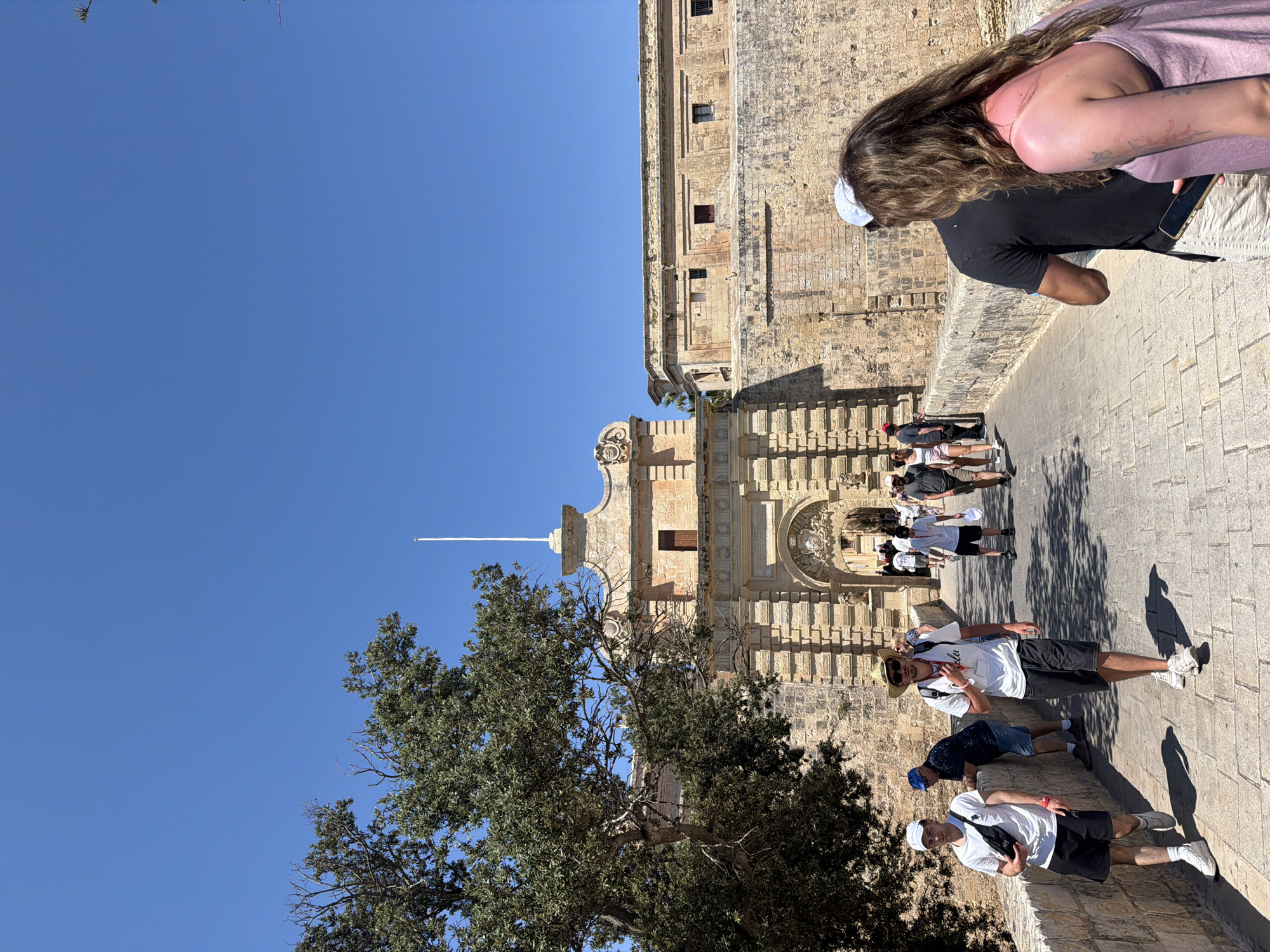 Here is a detailed description of the image:
**Location:** The image shows a stone building in an unknown city.
**People:** There are several people visible in the image. A group of tourists are walking toward the building. In the foreground, some other people are standing around. One person has a sunburn.
**Objects:** A tree is partially blocking the view of the building. There is a flagpole and a flag on top of the building.
**Actions:** Tourists are moving toward the entrance of the building.
**Environment:** The weather is sunny with a clear blue sky. The surrounding area is paved. The buildings are constructed of stone.