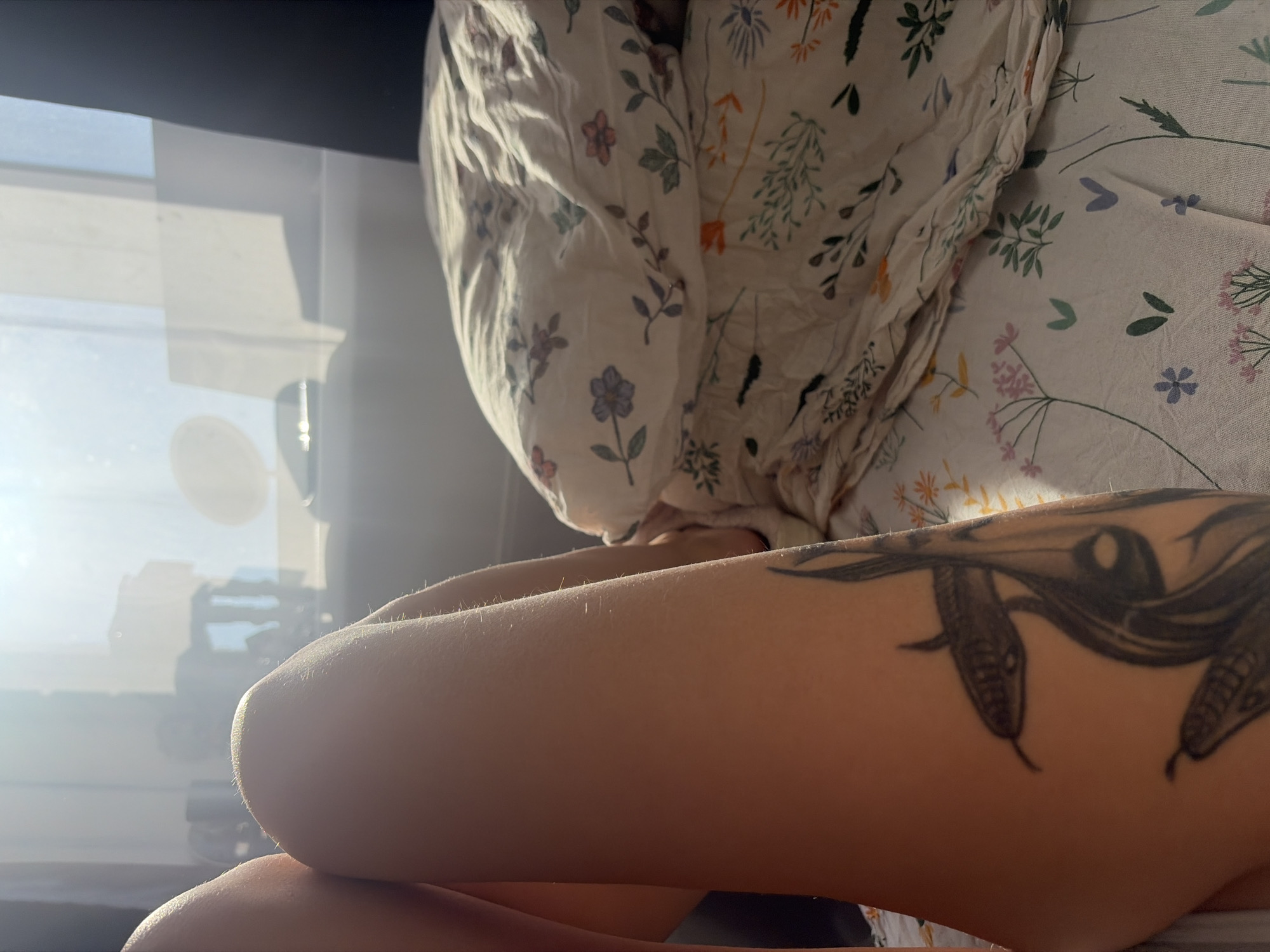 A person sits on a bed covered in floral print sheets, knees bent and drawn towards the chest. The left leg features a tattoo of a multi-headed snake. Sunlight streams in from a window, reflecting off a building in the background. The location is likely Saint Petersburg, Russia, given the architectural style of the building visible through the window.