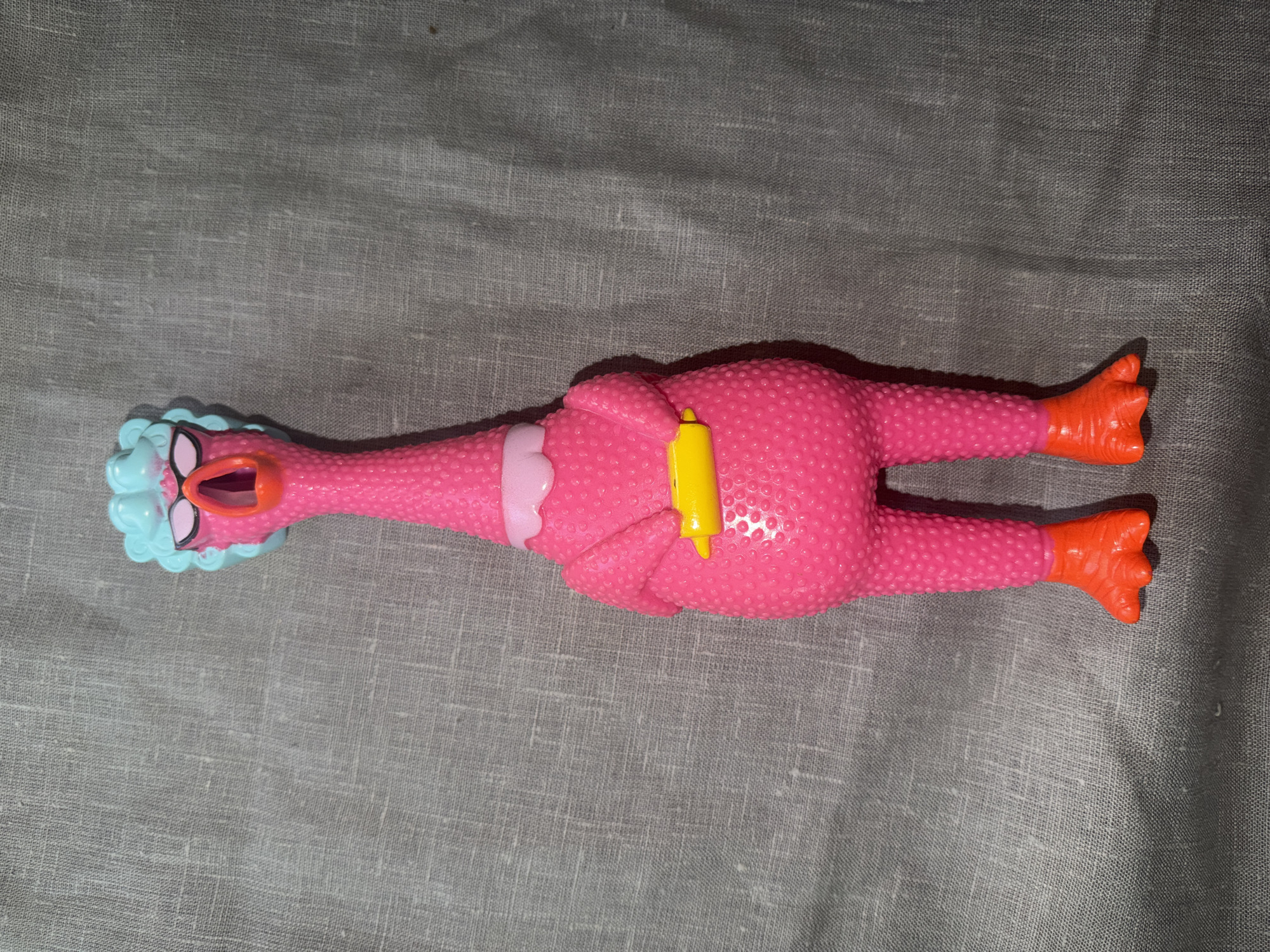 A pink rubber chicken toy with blue curly hair and glasses stands upright against a textured grey background. The toy has its mouth open and is holding a yellow object in its left hand. Its feet are orange and three-toed. The toy is centered in the frame, with the background occupying the majority of the image. The scene is not indicative of any specific location in Portland, Oregon, United States of America.