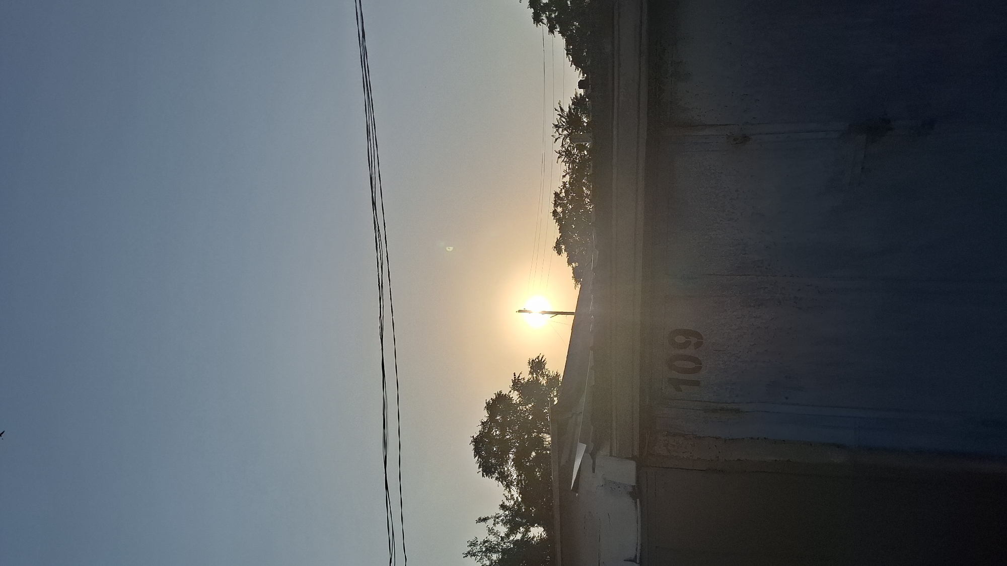 The image shows a dusk scene of a garage door with the number "109" stenciled on it, located in Shymkent, Kazakhstan. The sun is setting behind a line of trees, casting a warm glow. Power lines stretch across the sky, and a small bird is visible in the upper left corner. The garage door appears to be made of metal and is weathered, with some rust and peeling paint. The overall atmosphere is serene and peaceful.