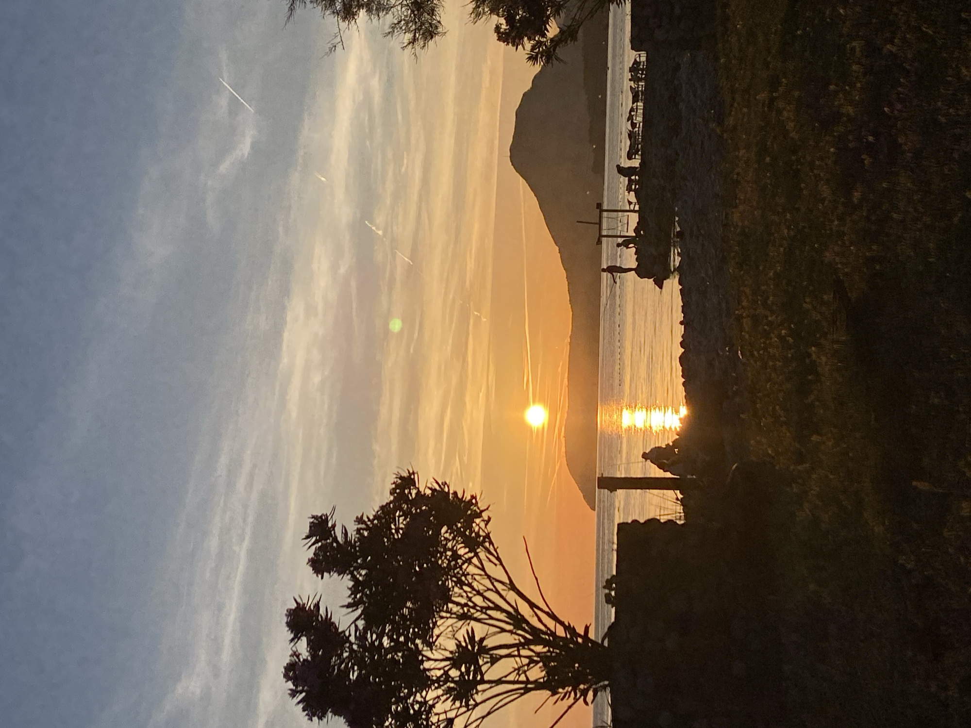 The image captures a serene sunset over the Adriatic Sea in Bar, Montenegro. In the foreground, silhouetted against the warm glow of the setting sun, a barren tree with dark foliage stands to the left, its branches reaching towards the sky. The ground in front of the tree is covered in rough, dark stones and patches of dry grass. A low, rough-hewn stone wall separates the foreground from the water's edge.
Along the shoreline, several figures are visible in silhouette. On a rocky outcrop extending into the water, two individuals are present; one appears to be fishing, casting a line into the sea, while the other is seated. Further along the shore, a group of people are gathered near a cluster of chairs and tables, suggesting an outdoor seating area, possibly a cafe or restaurant. The water itself reflects the vibrant orange and yellow hues of the sunset, creating a shimmering path of light.
In the background, a prominent, dark mountain range forms the horizon, with its silhouette softened by the atmospheric conditions of the sunset. The sky above is a blend of soft blues and oranges, streaked with wispy clouds and the faint white trails of airplanes. The overall atmosphere is tranquil and picturesque, characteristic of a coastal sunset.