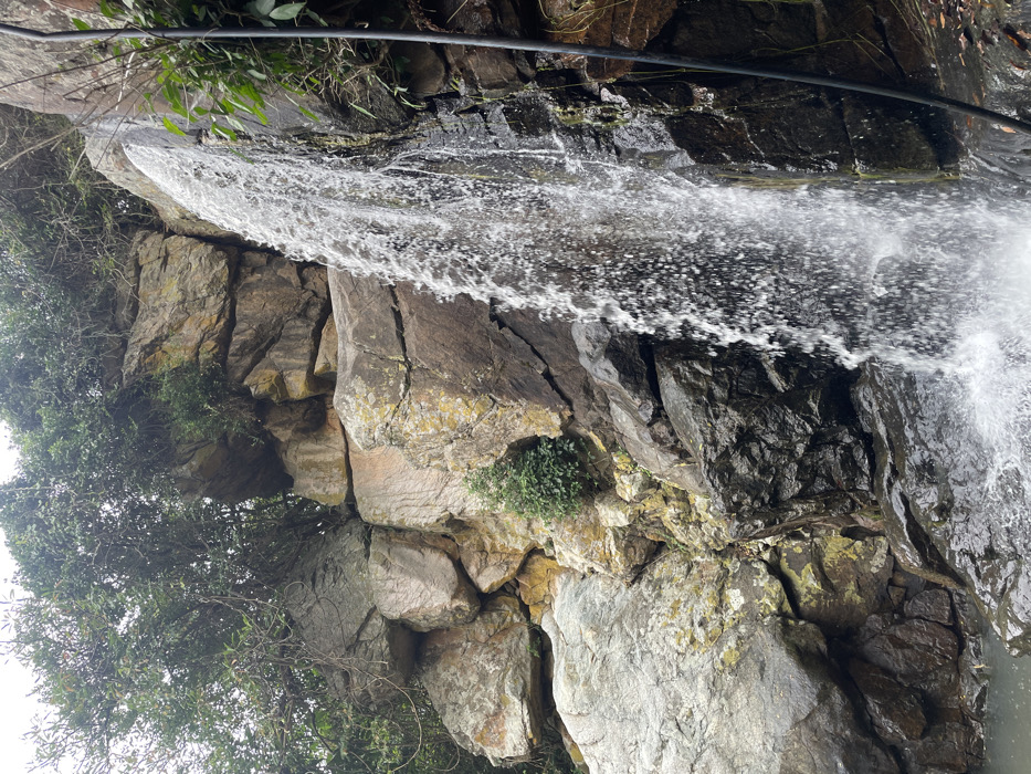 The image captures a powerful waterfall descending a rugged, multi-tiered rock face within the city of Ninh Hòa, Vietnam. A substantial flow of white, turbulent water plunges from an elevated point near the top right, creating significant spray as it impacts a dark, calm pool visible at the bottom left. The surrounding environment is dominated by large, irregular boulders and rock formations, varying in color from light grey to dark brown and black, with patches of yellow-green lichen visible on many surfaces. Dense green foliage and tree branches are present along the top edge of the cliff, and scattered smaller green plants cling to crevices in the rock face. A thin, dark, vertical tubular object, consistent with a pipe or cable, runs alongside the right edge of the waterfall. No individuals are visible in the scene.