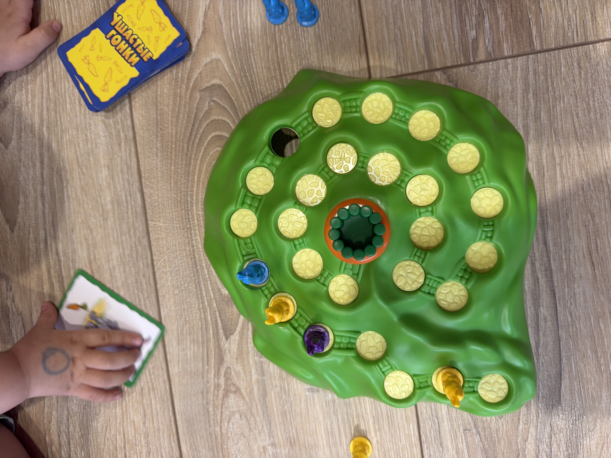 This image, taken in Chaikovsky, Russia, shows a top-down view of a board game in progress on a light brown wooden floor. Two child's hands are visible; one on the left holds a game card with an unclear illustration, and has a faded blue circular mark on its dorsal surface. A second hand is partially visible on the right.
The central subject is a green, irregularly shaped plastic game board featuring a winding path of 24 circular, textured yellow spaces. The texture on these spaces resembles small pebbles or cracked earth. A prominent circular depression with an orange rim and a dark green textured center is located near the middle of the board. One empty circular hole is visible on the upper right side of the board.
Four conical game pawns are currently on the board: a blue one and a yellow one are situated near the top, and a purple one is to the left of the yellow pawn. An additional yellow pawn is off the board to the far left. A stack of blue-backed game cards with yellow carrot illustrations and Russian text "УШАСТЫЕ ГОНКИ" (Ushastye Gonki, meaning "Eared Races") is located on the right side of the image, next to a small cluster of additional blue game pawns. The game is laid out on a wooden floor with prominent grain patterns.