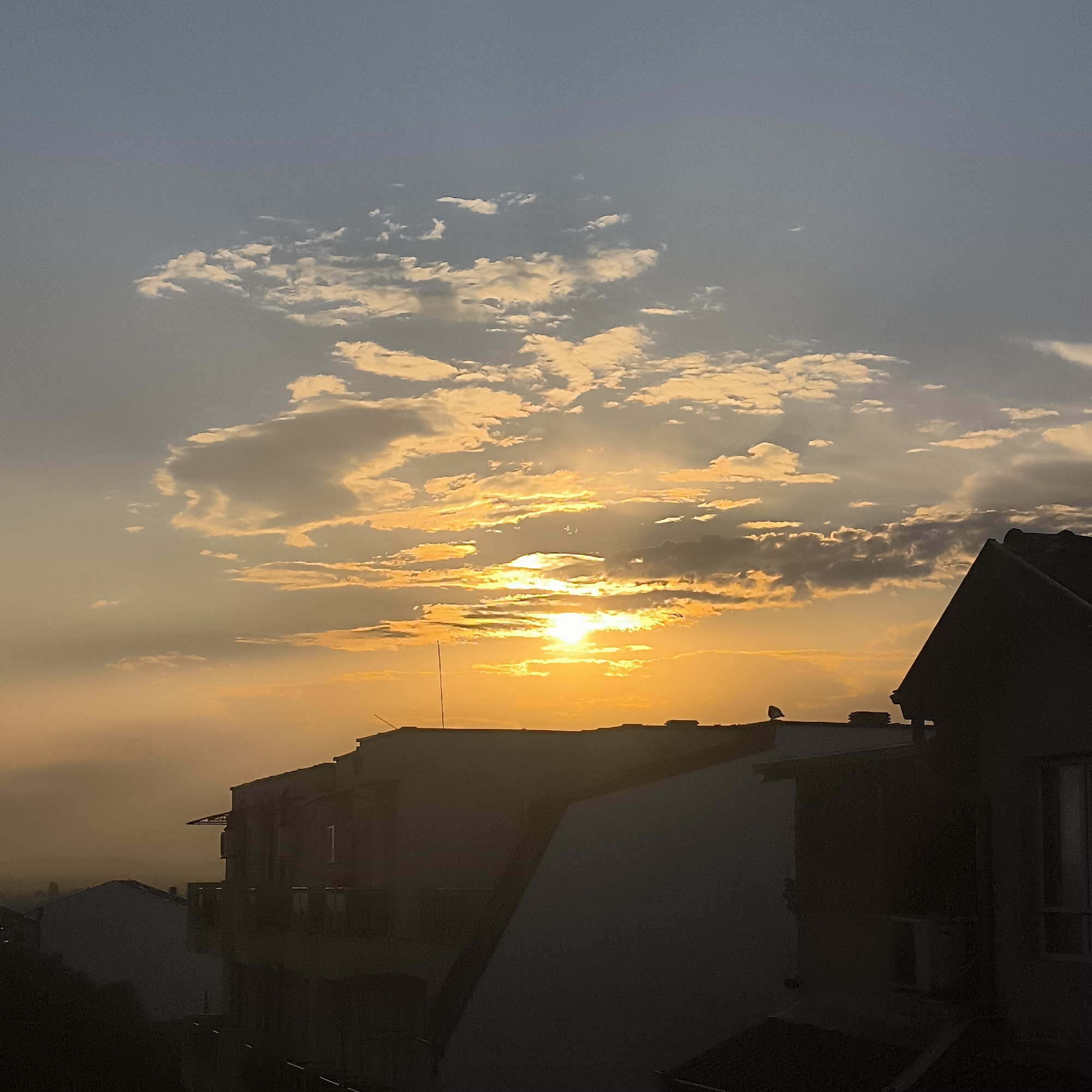 The image captures a sunset over Varna, Bulgaria. The sky is a gradient of soft blue at the top transitioning to a warm orange and yellow near the horizon, illuminated by the setting sun. Wispy clouds are scattered across the sky, catching the golden light. In the foreground, the silhouettes of buildings and rooftops are visible, casting long shadows. One building, in particular, occupies the right side of the frame, with its angular roof sharply defined against the bright sky. A small bird is perched on the roof of a lower building in the mid-ground. The overall impression is one of a serene evening in an urban setting.
