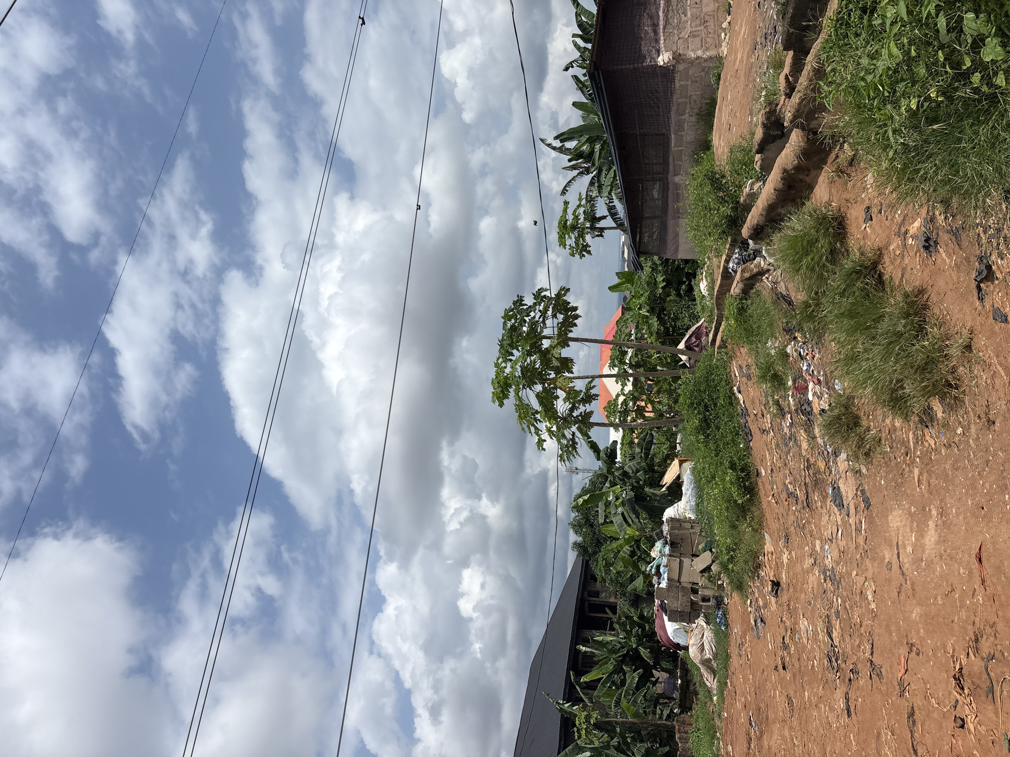 In Nkpor, Nigeria, on a sunny day, a dirt path is strewn with trash, including plastic bags, wrappers, and debris. Along the left side of the path, a pile of construction materials, such as concrete blocks and bags of cement, is mixed with more discarded items. Beyond this, a dark-roofed building with large windows is surrounded by lush banana trees. In the background, more buildings with red and orange roofs are visible, along with more dense vegetation. Several papaya trees are scattered throughout the scene. To the right of the path, a concrete drainage channel runs alongside a building constructed from concrete blocks and topped with a dark mesh roof. The sky is partly cloudy with large, white cumulus clouds against a bright blue backdrop. Power lines crisscross the upper portion of the image.