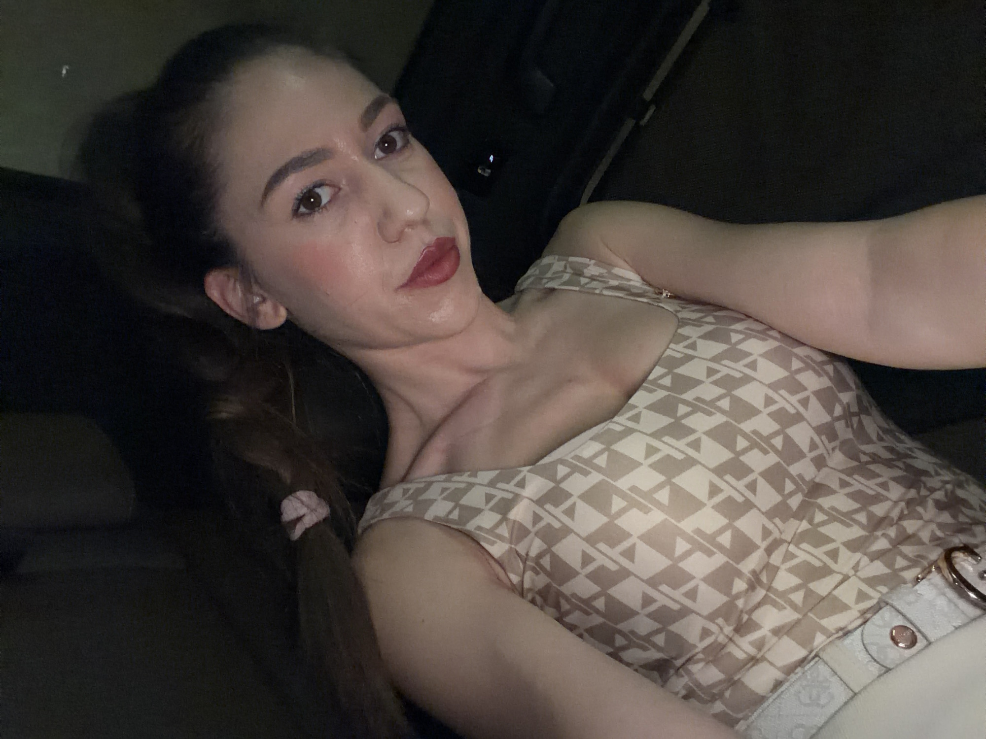 A female individual is captured in a close-up, self-portrait photograph taken in what appears to be low-light conditions. She is positioned slightly angled, looking directly into the camera. Her hair, dark brown and pulled back, is secured with a light pink scrunchie, visible on the left side of the frame. Her complexion is fair, with a visible sheen across her forehead and cheeks, which are accentuated with blush. Her eyebrows are dark and defined, and her eyes are brown. She wears red lipstick on her full lips, which are slightly parted.
She is wearing a sleeveless top or dress with a light beige or cream base color, featuring a repeating geometric pattern of triangles and rhombuses in a darker beige tone. The neckline is a soft square or scoop. A white or light-colored belt with a circular gold or rose gold buckle and hardware is visible around her waist on the lower left side of the frame, over a white or light-colored garment, possibly a skirt or trousers. Her right arm is visible, extended towards the camera. The background is predominantly dark and out of focus, with indistinct shapes. On the far right, elements resembling a car door panel and handle are faintly discernible, suggesting the individual is inside a vehicle. There are no identifiable landmarks or specific details within the image to confirm the location as Sofia, Bulgaria.