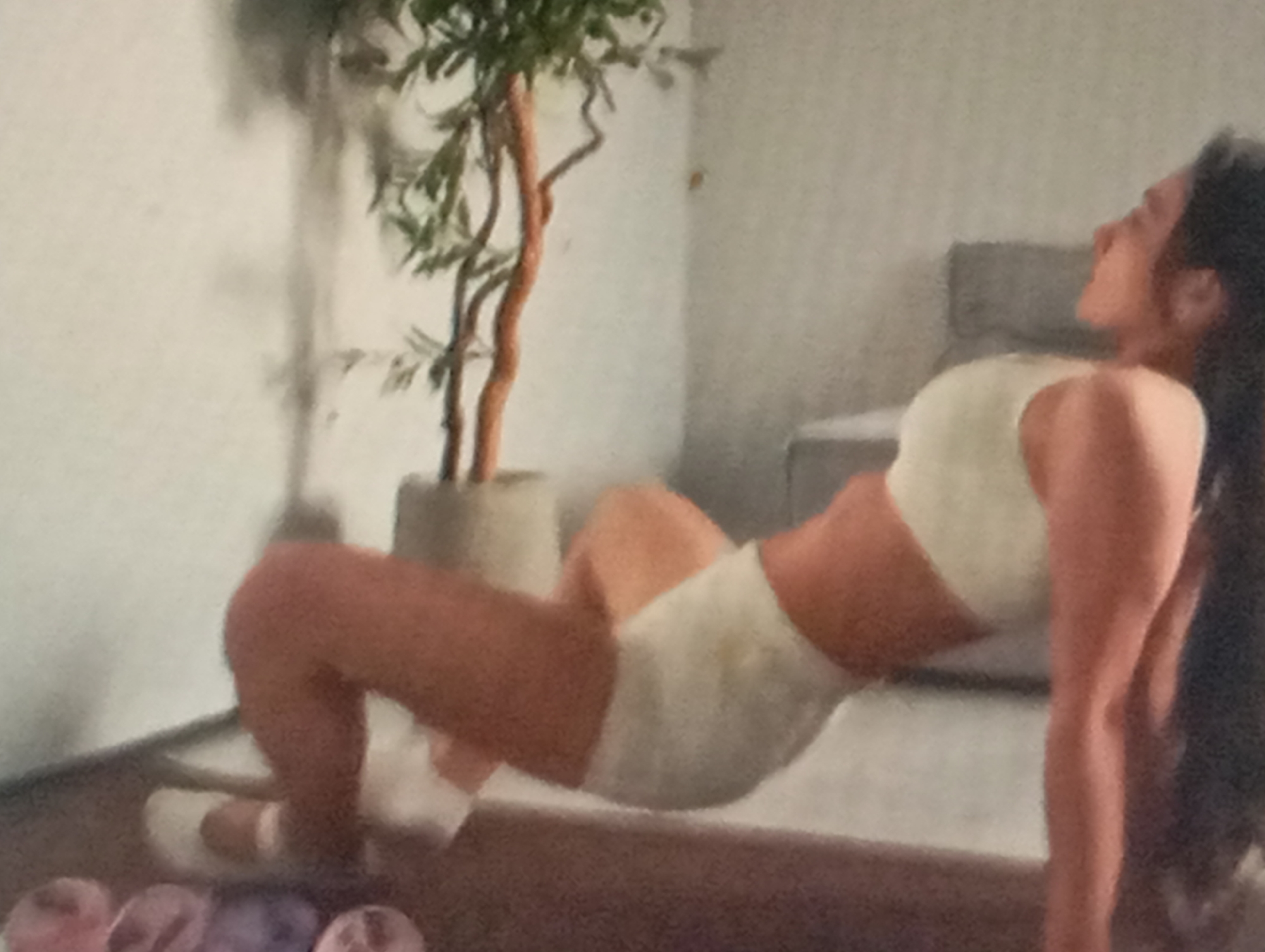 In Sofiivska Borshchahivka, Ukraine, a woman is captured mid-workout in her home. She is performing a crab walk exercise, with her hands behind her, supporting her body as she lifts her hips off the ground. Her legs are bent, and her feet are flat on the floor. She is wearing a light-colored sports bra and shorts. Behind her, a potted plant with thin, branching stems and green leaves sits on a textured surface. The background shows a blurred interior scene with a muted color palette.
