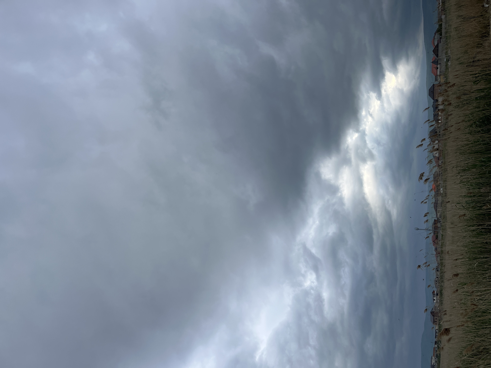 The image captures a scene near the city of Kaspiysk, Russia, characterized by an overcast sky and coastal landscape. The sky is predominantly filled with grey, layered clouds, with a brighter, sunlit patch breaking through in the center. The horizon line features a cluster of houses and buildings, partially obscured by tall, dry grass or reeds that dominate the foreground. No people are visible in the frame. The overall atmosphere suggests a potentially stormy weather condition near the coast.