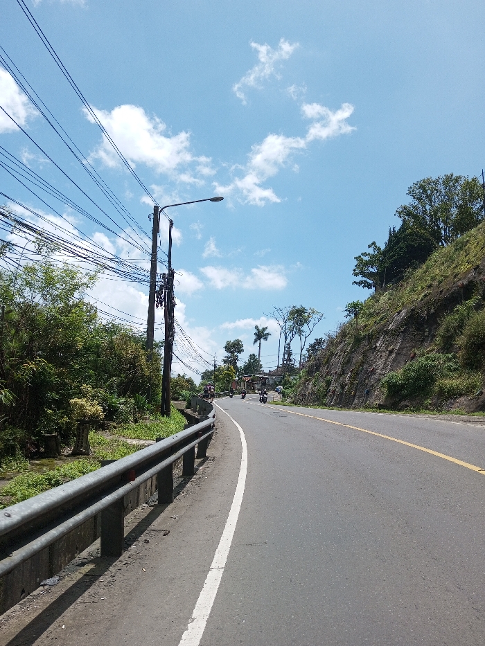 The scene depicts an outdoor roadway under a bright, partly cloudy blue sky in the city of Bagochen Boolingpang Ueling, Bhutan. A two-lane asphalt road curves to the right, marked with a solid white edge line on the left and a double solid yellow center line further along the bend. A metal guardrail, comprising horizontal bars and vertical posts, borders the left side of the road. Adjacent to the guardrail on the left, a tall utility pole supports a street light and numerous interwoven electrical or communication cables. Dense green vegetation, including bushes and trees, grows along the left side of the road and on a steep, rocky hillside ascending on the right. In the distance, along the road's curve, several indistinct human figures are visible walking, and at least three motorcycles are present on the road, alongside partial views of small structures and palm trees.