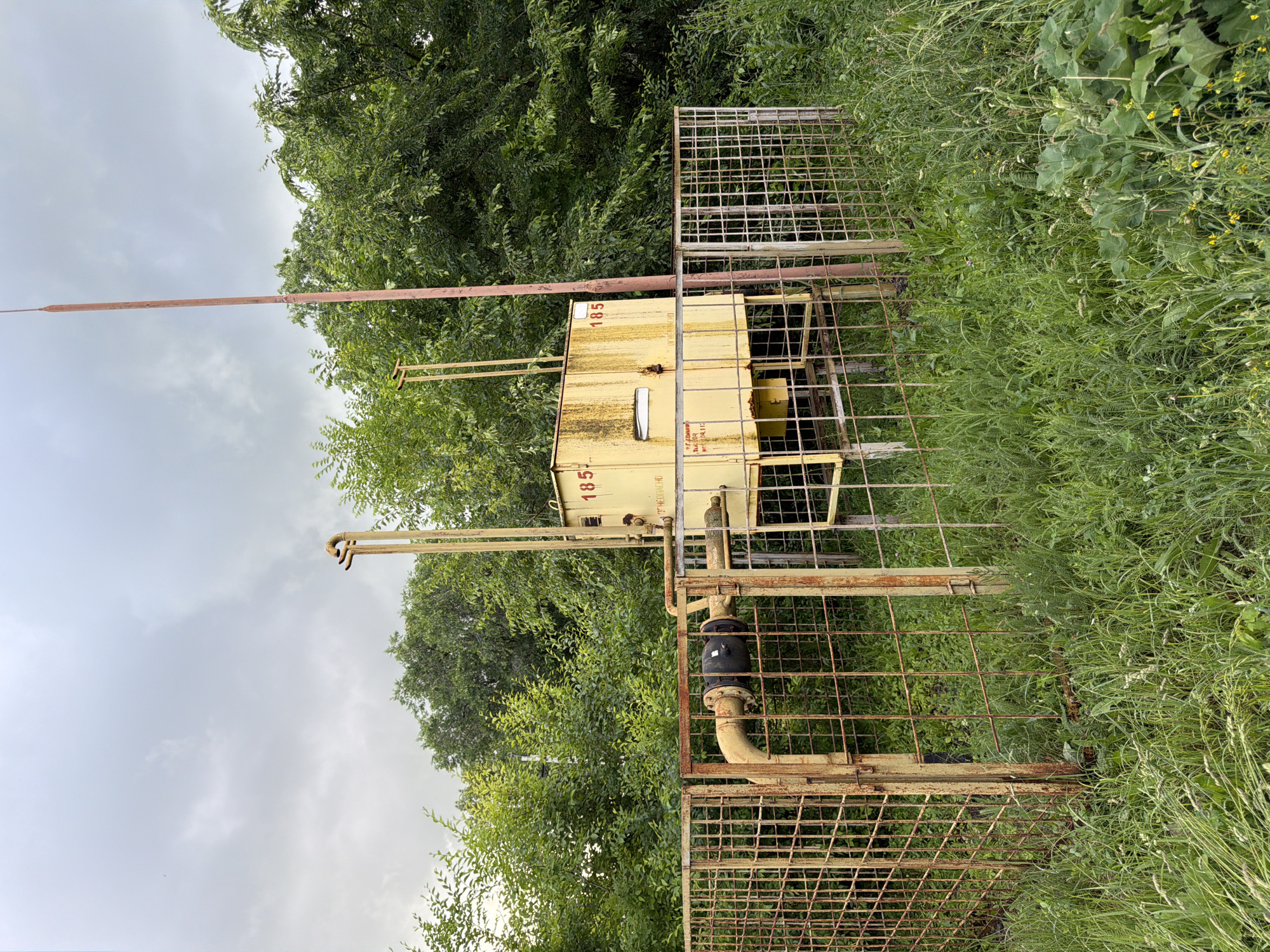 An outdoor, eye-level, full shot captures a yellow, rectangular industrial enclosure with the number "185" painted on its side, situated behind a rusty, yellow, wire-mesh fence in a grassy area. The enclosure features several pipes extending from its top and a dark valve attached to a yellow pipe that passes through the fence on the left. A tall, thin, reddish pole stands to the right of the enclosure. Lush green trees and foliage surround the scene, and the sky is overcast with gray clouds. The overall impression is one of disuse and neglect. The scene appears to be located near a gas distribution point or similar utility infrastructure within the city of Semiluki, Russia.