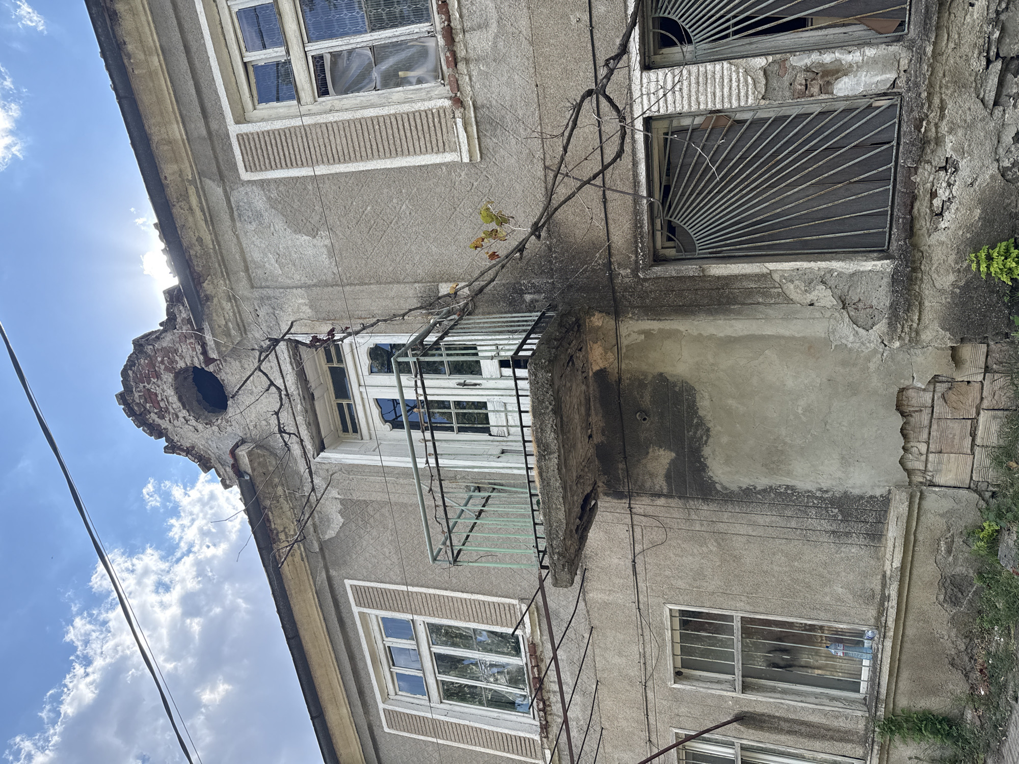 This image depicts the exterior of a dilapidated, two-story building, likely a residence, located on a street in the city of Ekzarh Antimovo, Bulgaria. The building exhibits significant signs of disrepair, including crumbling plaster, exposed brickwork, and broken windows. A central balcony with a green metal railing extends from the upper floor, above a ground-floor window with decorative metal bars resembling sunbursts. A white double door is visible on the upper floor, leading out to the balcony. Bare, tangled branches of a vine are growing on the facade of the building, some reaching towards the balcony and windows. Overhead, power lines are strung across the sky, which is partly cloudy with patches of bright sunlight. The ground level appears to be a sidewalk or paved area with some overgrown vegetation. The overall impression is one of abandonment and neglect.
