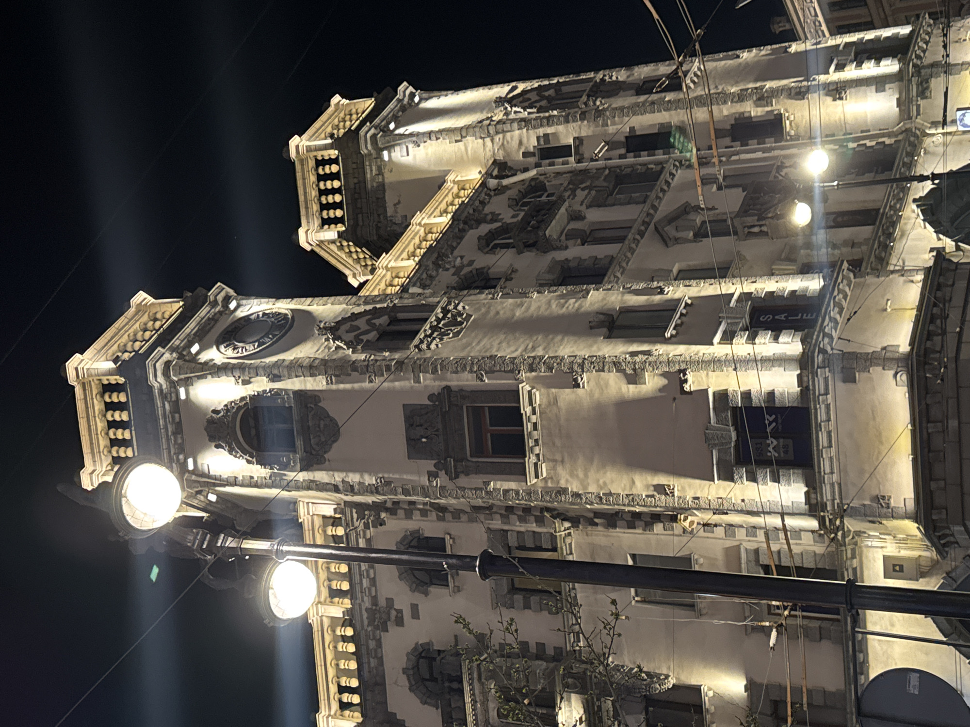 The image displays an ornate, multi-story building illuminated at night, captured from a low angle and rotated to a vertical orientation. The architecture is rich in detail, featuring classical or Art Nouveau elements like elaborate cornices, moldings, decorative sculptures, and a variety of windows, some with intricate frames. The facade appears light-colored, with artificial lighting accentuating its textured surfaces and architectural flourishes against a dark, clear night sky.
Several bright street lamps with prominent glass domes are visible in the foreground, casting strong light and creating distinct lens flares and light rays. Electrical wires and cables crisscross the frame, connecting to the poles holding these lamps. Sparse tree branches with small, emerging leaves are seen in the lower foreground. A satellite dish is attached to the building on the lower right side.
No people or specific activities are visible, emphasizing the static grandeur of the historic structure. Visible text includes a sign displaying "SALE" in capital letters, oriented vertically on the building. Another sign, partially seen above a window, reads "АКЦИЯ" (Russian for "SALE" or "PROMOTION") followed by "24/48". The scene suggests a quiet, historic urban environment at night, consistent with the architecture found in Saint Petersburg, Russia.