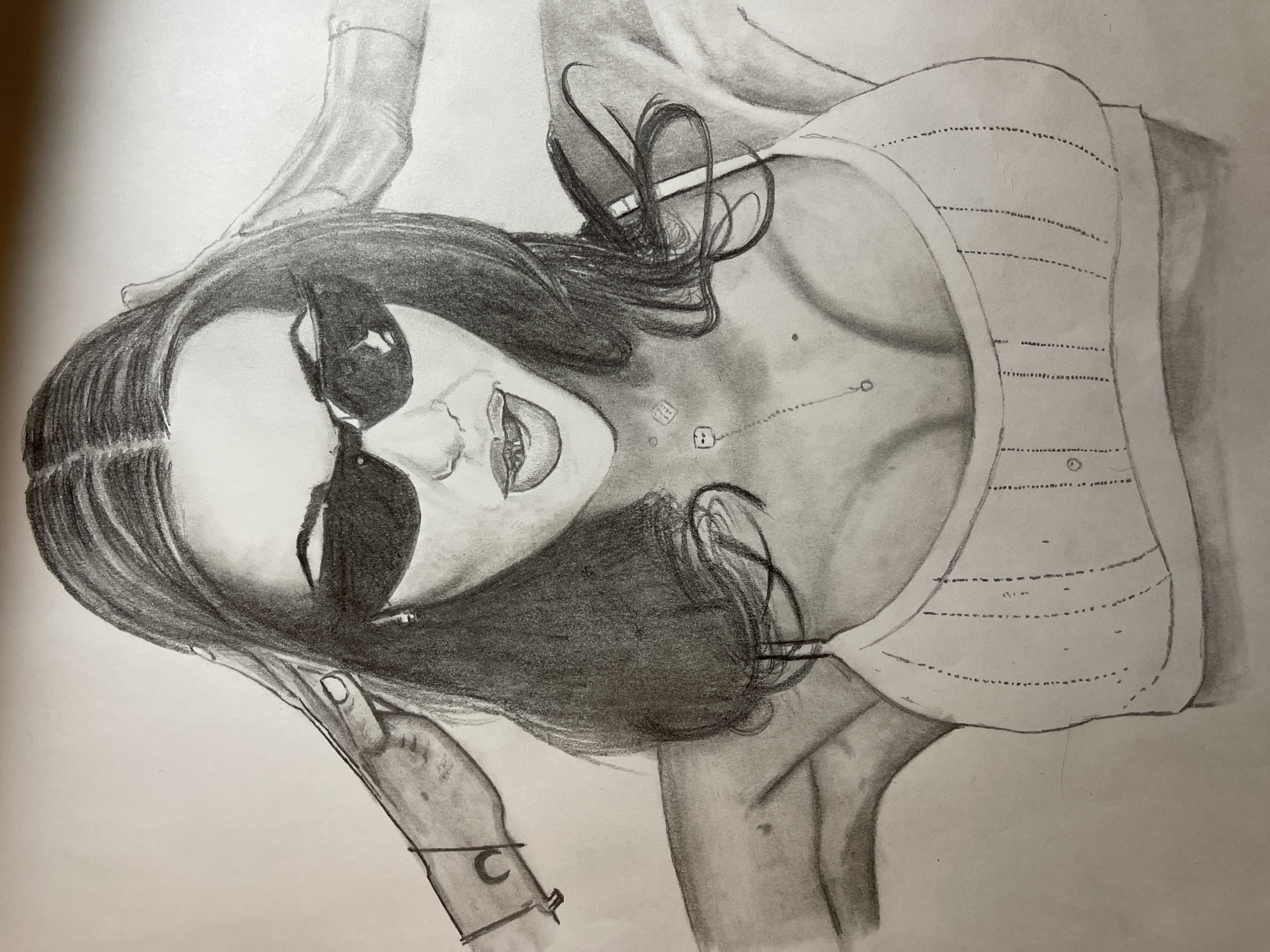 A pencil drawing of a woman with dark hair and sunglasses is centered. She is wearing a tank top and a necklace. She holds her hand up near her head. A bracelet with a crescent moon is on her wrist. The background is plain. There is no indication of a location in the city of Jos, Nigeria.