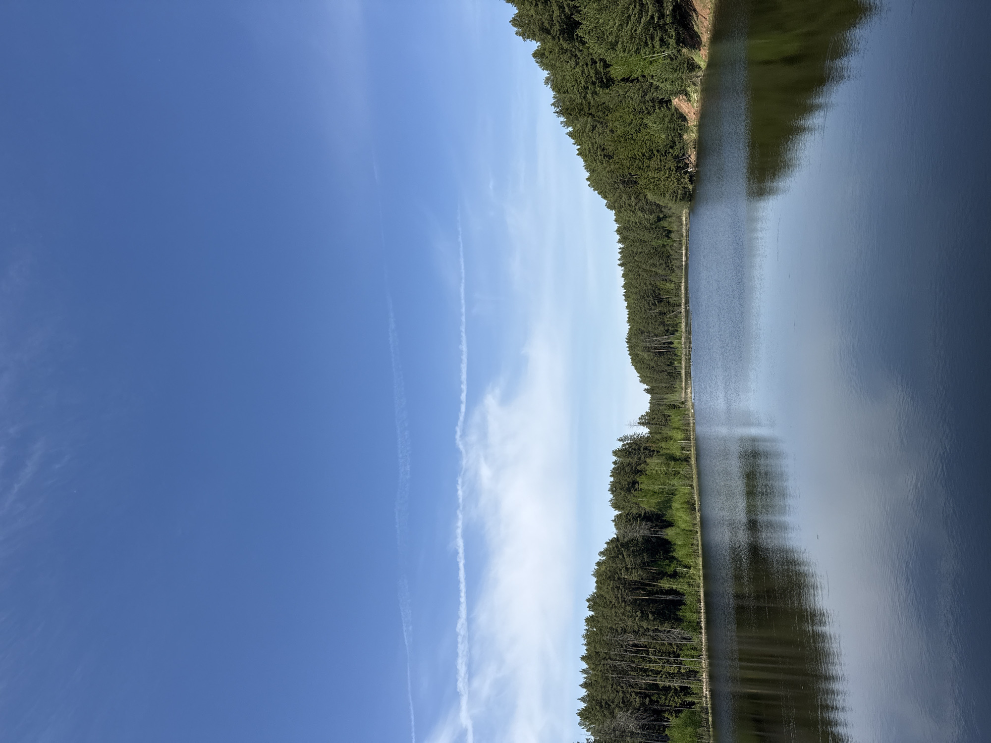 The image shows a long, narrow body of water with dense forest lining its right side. The water reflects the forest and the sky above. The sky is blue with a few contrails visible on the left side. The image could be a section of the Votkinsk Reservoir or a similar waterway near Votkinsk, Russia.