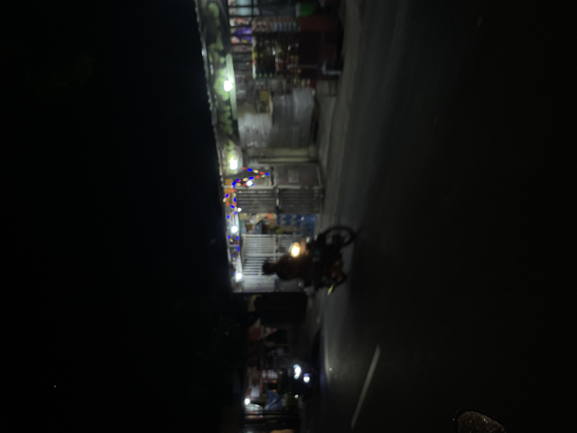 The image depicts a street scene at night in Denpasar, Indonesia. The perspective suggests the photo was taken from a moving vehicle, likely a motorbike, looking towards the right side of the frame. On the left side of the image, a row of buildings appears to be shops or stalls, illuminated by overhead lights and strings of colorful decorative lights. Some of these structures have metal shutters or grates. The contents of the shops are indistinct due to the low light and motion blur, but shelves stocked with various items are visible.
A motorbike is prominent in the mid-right of the frame. It is lit by its own headlight, which casts a glow on the road ahead. A person is seated on the motorbike, their form blurred by the movement. Further down the road, another motorbike is visible, its headlight also illuminated. The street itself is dark asphalt, with a faint white line marking the lane.
The overall atmosphere is nocturnal and slightly hazy, with the motion blur emphasizing the sense of movement and the late hour. The presence of shops and motorbikes suggests an urban or semi-urban environment, typical of a bustling area in Denpasar, even at night. The time of day is clearly night, as indicated by the darkness and artificial lighting. There are no discernible signs or text in the image.