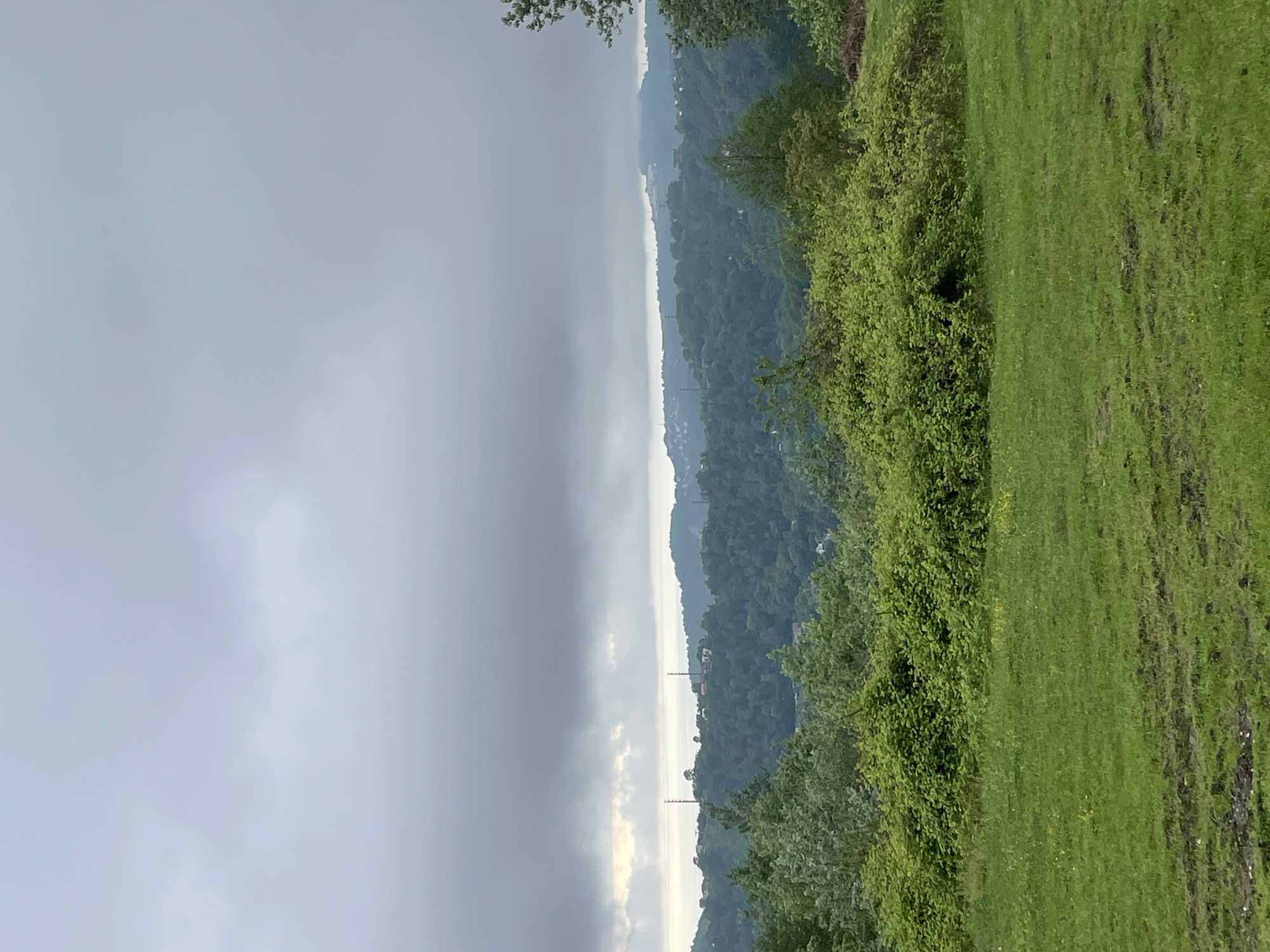 The image shows a landscape with a grassy foreground on the right, transitioning to dense green foliage. Beyond the foliage is a ridge with what appears to be a town or scattered buildings. In the distance, there's a large body of water or perhaps simply heavy fog or low clouds obscuring the background. The sky is overcast and grey, suggesting rainy weather. There is no information to determine the location as Baranovka, Russia, therefore I will describe what I see in the image with no location assumed.