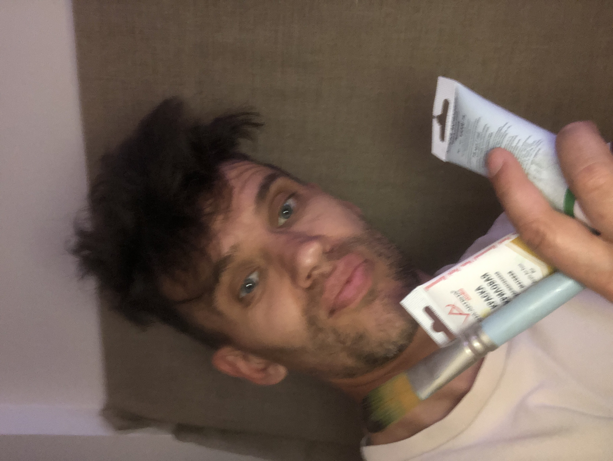 The image shows a close-up, high-angle selfie of a man with short, dark, messy hair and blue eyes, looking directly at the camera with a slight smile. He has a light beard and is wearing a light-colored t-shirt. He is holding a paintbrush with a light blue handle and yellow bristles in his left hand, and in his right hand, he is holding two tubes of paint. One tube is white with red and black text, and the other is white with green and black text. The background is a blurred, neutral-colored surface, possibly a sofa or wall. The lighting appears to be artificial and warm. There are no discernible details about the location in Saint Petersburg, Russia.