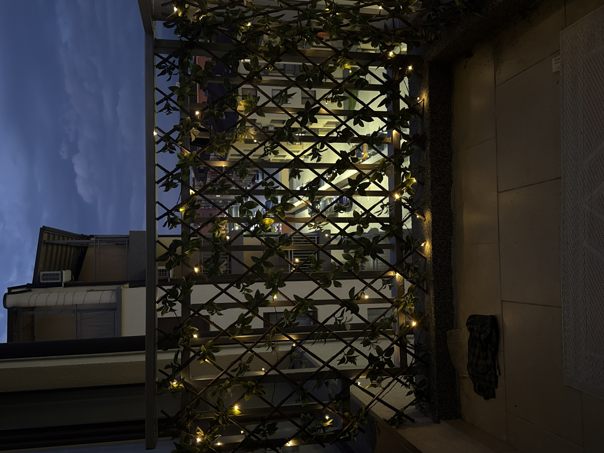 A view of an urban nighttime scene, featuring a trellis decorated with artificial vines and small lights, set against a backdrop of multi-story buildings. The trellis is dark brown and has a diamond-shaped pattern, partially obscured by the green vines, which are interspersed with the lights. Behind the trellis, the buildings show various windows and structures, some illuminated from within. To the left of the trellis, there's a view of the evening sky, showing a few clouds. To the right, a light-colored wall runs along the edge of the trellis, with a dark shape or object mounted on it. The overall lighting is dim.