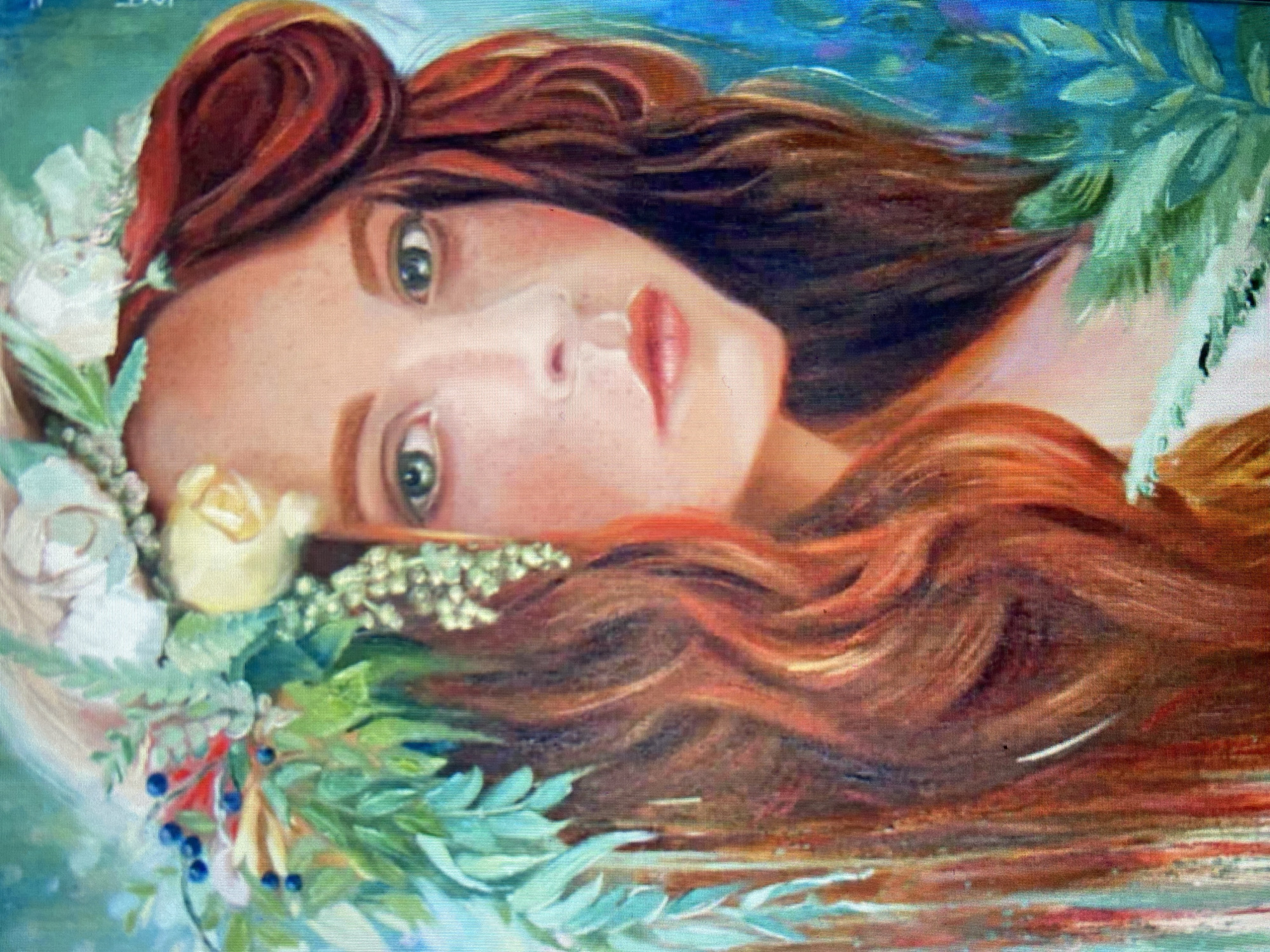 An oil painting depicts a young woman with long, wavy, auburn hair adorned with a floral and berry crown. Her gaze is directed towards the viewer with light green eyes and subtle freckles across her nose and cheeks. Her lips are painted a soft red. The background is a blend of blues and greens, with floral and leafy elements framing the woman's face. The style is impressionistic, with visible brushstrokes and a soft, dreamlike quality. The location is not specified.