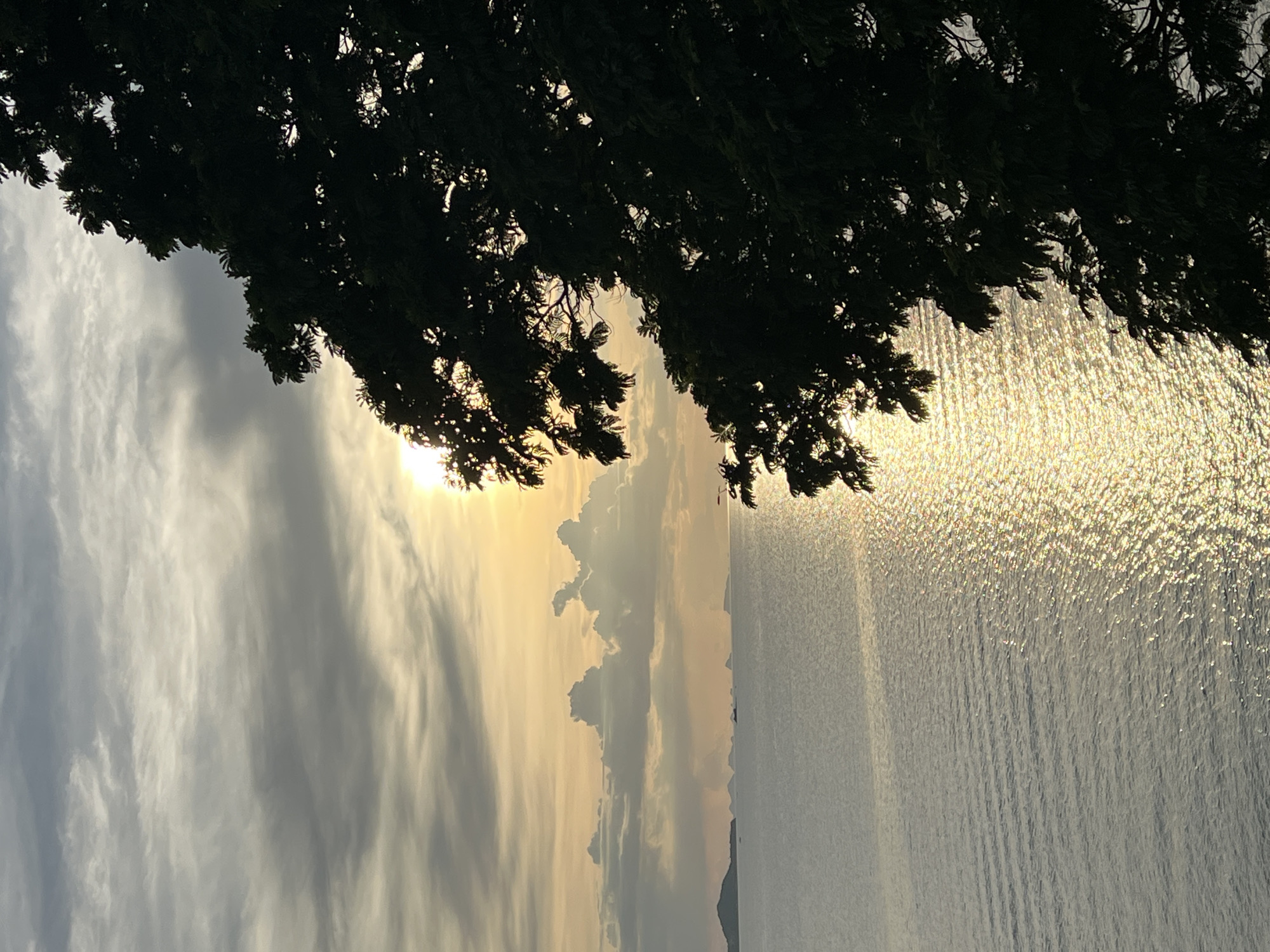 The image depicts a serene ocean view at sunset in Baan Plai Laem, Thailand. The sun, partially obscured by clouds, casts a golden glow across the water, creating a shimmering path of light. In the foreground, the dark silhouette of a large tree with dense foliage dominates the right side of the frame. The ocean stretches towards the horizon, where several islands or landmasses are visible in the distance. The sky is a mix of soft clouds and the warm hues of sunset. The overall scene is tranquil and picturesque, showcasing the natural beauty of the coastal landscape. There are no people or animals visible in the image.