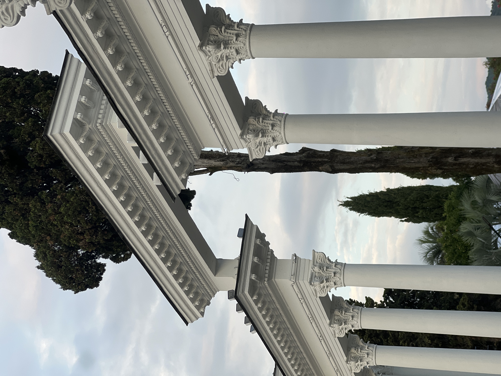 This media file showcases an architectural detail of a white building with classical columns. The image is oriented vertically, with the sky occupying a significant portion of the frame. Two sets of ornate white moldings run parallel to each other, creating a layered effect. Several white columns with intricately carved capitals support the upper structure. Behind the columns, a tree trunk is visible, and further in the background, lush green trees and foliage are present. The sky is overcast, suggesting a cloudy day or twilight. The lighting is soft, casting gentle shadows on the architectural elements. There is no visible text in the image. The scene appears to be outdoors, likely in a park or garden setting given the presence of trees and vegetation. The focus is on the architectural grandeur and the interplay of light and shadow on the white structures against the natural backdrop.