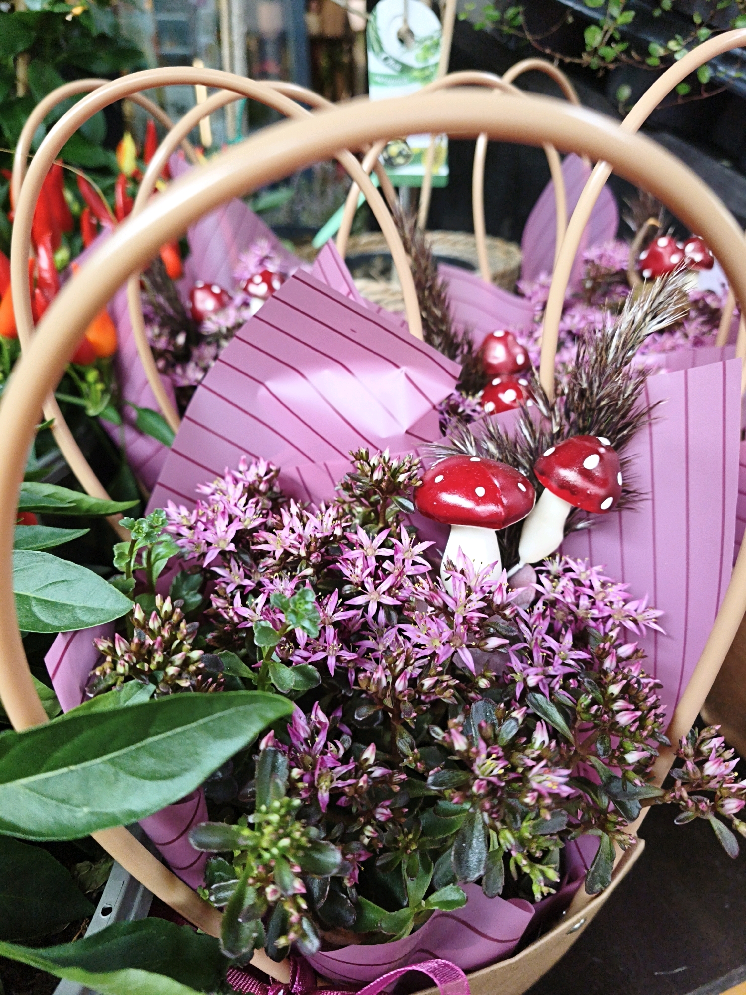 A close-up, low-angle, eye-level shot captures a floral arrangement in a heart-shaped, light brown wicker basket. The basket's handles arch upwards and are out of focus in the foreground, suggesting the arrangement is the primary subject. The arrangement features a dense cluster of small, pink star-shaped flowers and dark green, succulent-like leaves. Interspersed among the foliage are decorative red and white toadstool ornaments. Behind the flowers, the arrangement is wrapped in purple paper with thin, dark pink stripes. The background is blurred but suggests an indoor setting, possibly a shop, with hints of red peppers and other greenery visible. The lighting is soft and diffused. There are no people or discernible actions. The scene is static and does not provide any information about its location within Tallinn, Estonia.