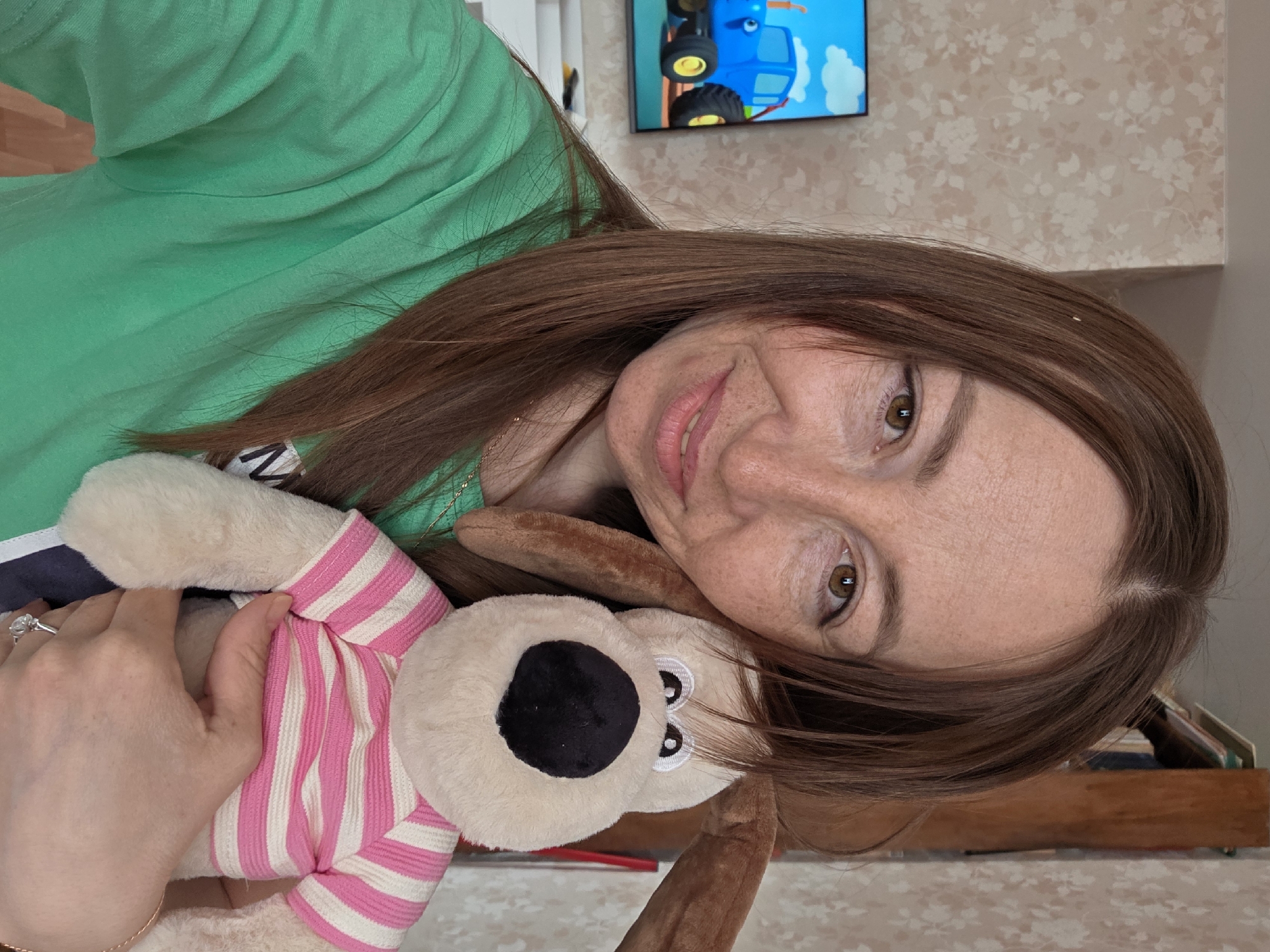 The image depicts a woman indoors, identified as an interior residential space within Chaikovsky, Russia, though the specific address is not discernible. A woman with long, reddish-brown hair, brown eyes, and visible freckles on her face is smiling subtly and looking directly at the camera. She is wearing a bright green short-sleeved t-shirt and a thin gold chain necklace. A silver ring with a clear stone is present on her left ring finger. She holds a light-colored plush dog with long brown ears, a black nose, and a white and pink horizontally striped t-shirt. The dog's lower body appears to be navy blue.
In the background to the left, a flat-screen television is mounted on a wall covered with light-colored floral wallpaper, displaying an animated blue tractor with yellow wheels against a blue sky with clouds. A white shelf is partially visible beneath the television. To the right, a tall wooden bookshelf filled with books is partially visible behind the woman's head and shoulder, against the same floral wallpaper.