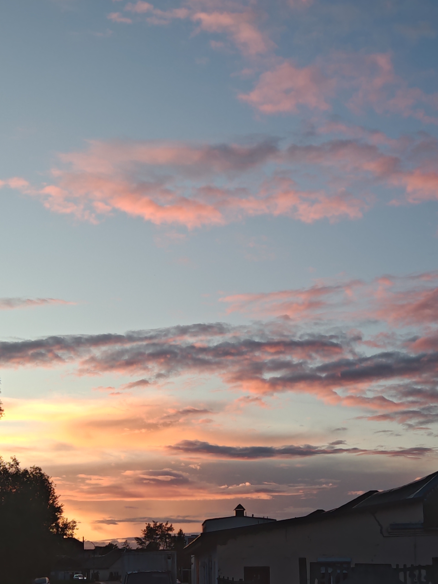 A sunset unfolds over a suburban landscape in Homyel, Belarus. The sky is a gradient of soft blues and pinks, with wispy clouds catching the fading sunlight. Silhouetted against the vibrant sky are the dark forms of trees and the roofs of houses. The scene is tranquil, evoking the peaceful end of a day. There are no people visible in the image.
