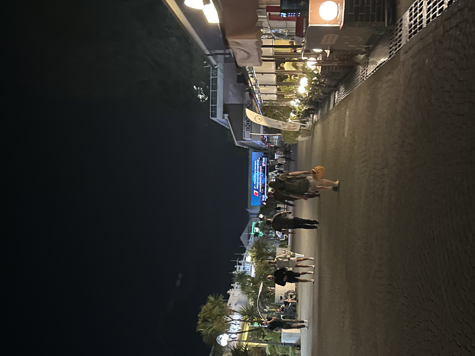 The image depicts a nighttime scene along a paved pedestrian walkway in Sochi, Russia. The walkway is lined with palm trees and buildings that appear to be restaurants or shops, many illuminated by string lights and lamps. A large electronic billboard is visible in the background, displaying text and images. Several individuals are walking along the path. On the left, a man stands near a bicycle. In the center, a group of three people, two women and a man, walk together. To the right of them, another man walks, followed by a person carrying a bag. The walkway appears to be well-lit, creating a lively atmosphere. The overall setting suggests a commercial or entertainment district.