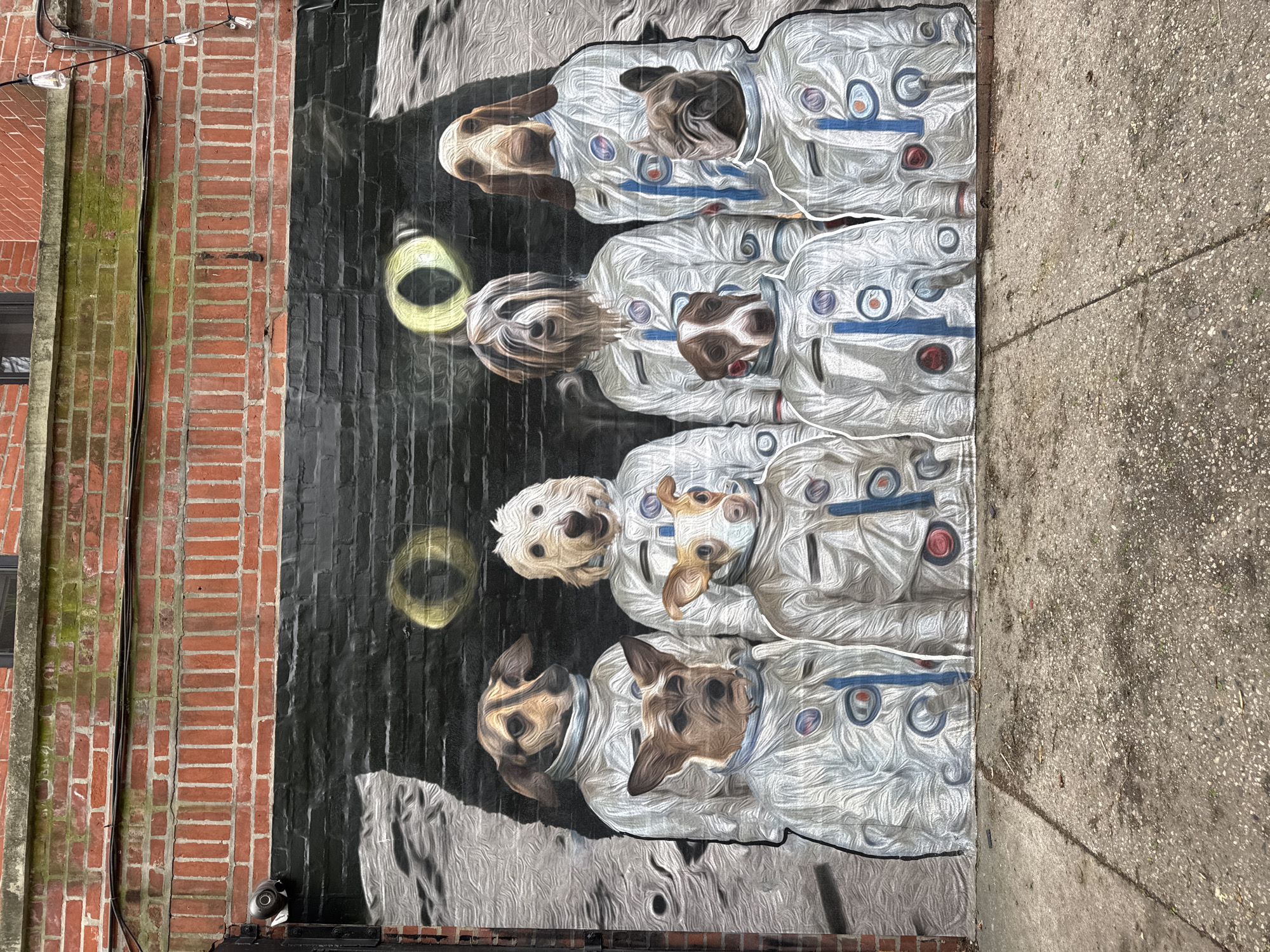 The image depicts a mural on the side of a brick building, likely in New York City, United States. The mural shows four dogs wearing astronaut suits, stacked vertically as if standing in line. They are positioned against a backdrop of a black painted brick wall, with two circular yellow shapes reminiscent of planets or moons. The brick building features a section on the left covered with moss. To the right of the mural is a concrete sidewalk.