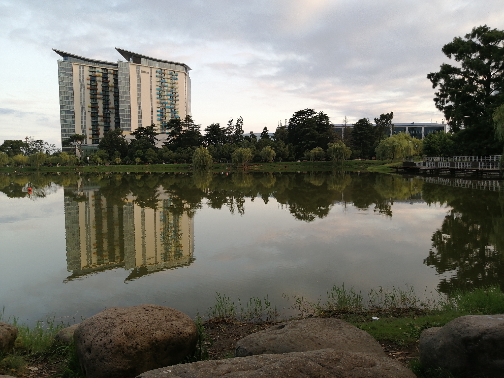 The image captures a serene waterfront scene in Batumi, Georgia. In the background, a modern, multi-story Hilton hotel stands prominently, its reflective facade mirrored in the calm waters of a lake. The lake's surface is disturbed only by gentle ripples, reflecting the hotel, lush trees, and the overcast sky. The foreground is occupied by a shoreline with large rocks and sparse green grass. A wooden pier extends into the water on the right side of the frame, and the trees lining the lake suggest a park or a well-maintained public space. The overall atmosphere is tranquil and picturesque.