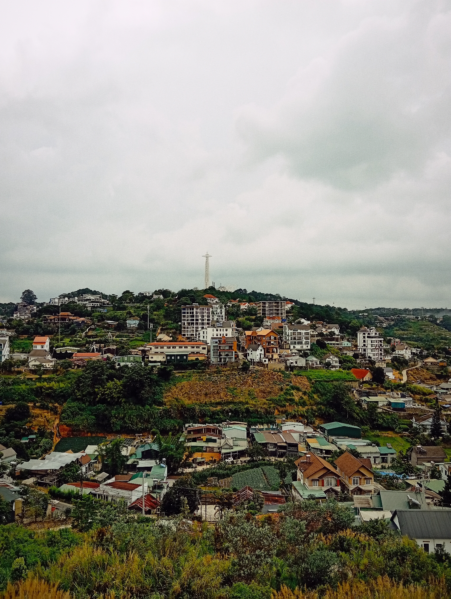 This is an aerial, wide-angle, eye-level shot of a densely populated hillside in Da Lat, Vietnam, under a heavily overcast sky. The buildings are a mix of modern apartment complexes with visible balconies and windows, smaller, multi-story homes with pitched roofs, and some low-lying structures, possibly agricultural greenhouses. The architecture is varied, with some buildings featuring white or light-colored facades and others with terracotta-colored roofs. The hillside is extensively terraced, with visible patches of green vegetation, likely farms or gardens, interspersed between the buildings. Numerous trees and lush green foliage cover the slopes, creating a natural contrast with the urban development. A prominent, tall, lattice-like tower structure stands on the crest of a distant hill, silhouetted against the sky. The terrain is uneven and mountainous, with winding roads visible in some areas, suggesting a challenging topography. There are no people visible in the image. The overall impression is of a sprawling, vibrant town built into a steep, verdant landscape.
