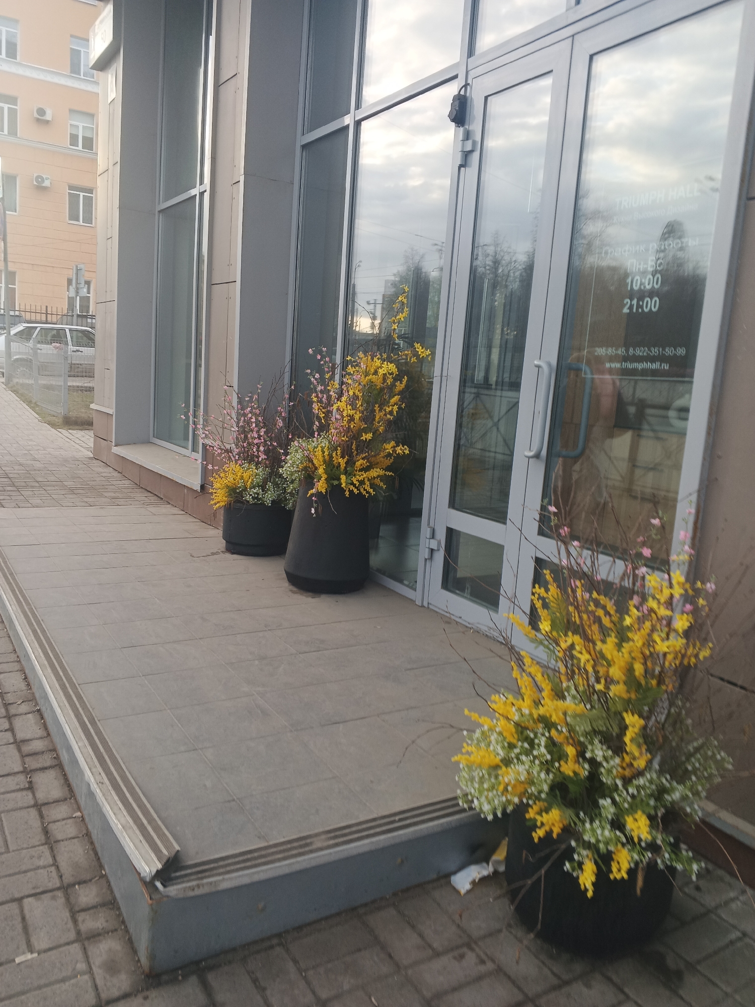 This is an eye-level outdoor photograph of the entrance to "Triumph Hall" in Perm, Russia. The storefront features a set of glass doors with the business name and operating hours displayed on the right door. The hours listed are "Пн-Бс 10:00-21:00", which means it's open Monday to Sunday from 10 AM to 9 PM, along with phone number and website information in Russian.
Several large, round black flower pots containing yellow and pink flowering plants are strategically placed on the sidewalk near the entrance. The flowers are interspersed with bare branches. The sidewalk is paved with gray square tiles. A gray building with glass windows and architectural paneling forms the backdrop, and another building is visible across the street. The photograph appears to have been taken during the day under overcast skies. The overall setting suggests a commercial or business district in the city.