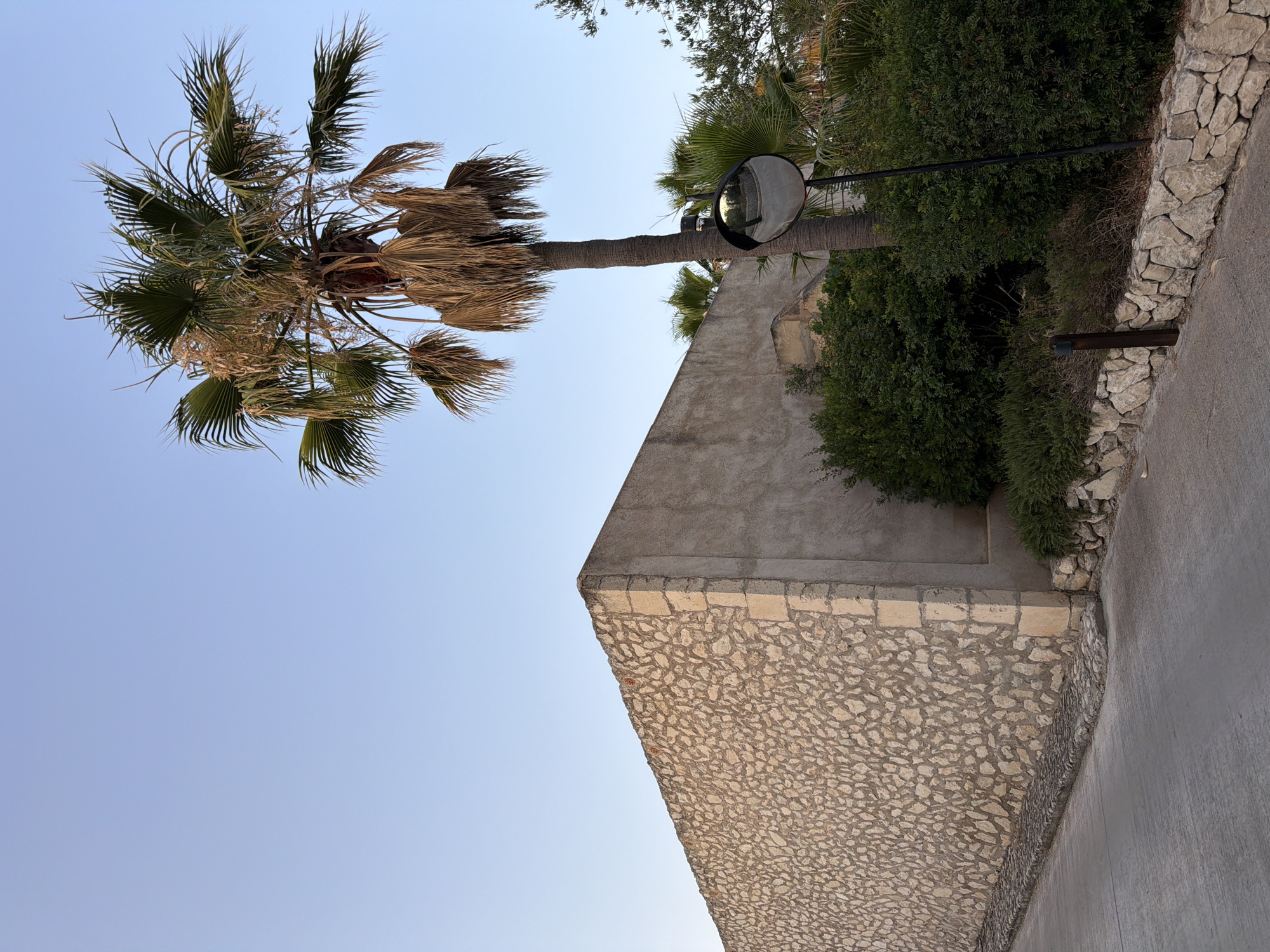 The image shows a corner of a building with a textured stone wall and a smooth concrete section against a clear blue sky. A tall palm tree with dry fronds stands to the right of the building, casting a shadow. In front of the palm tree, a round convex mirror is mounted on a black pole, reflecting the surrounding environment. Dense green bushes and some smaller stones line the base of the building and the roadside. A paved pathway or road is visible in the foreground, leading away from the viewer. The scene appears to be located in a warm climate, consistent with the town of Montuïri, Spain, known for its rural landscapes and traditional architecture. There are no people or animals visible in the image.
