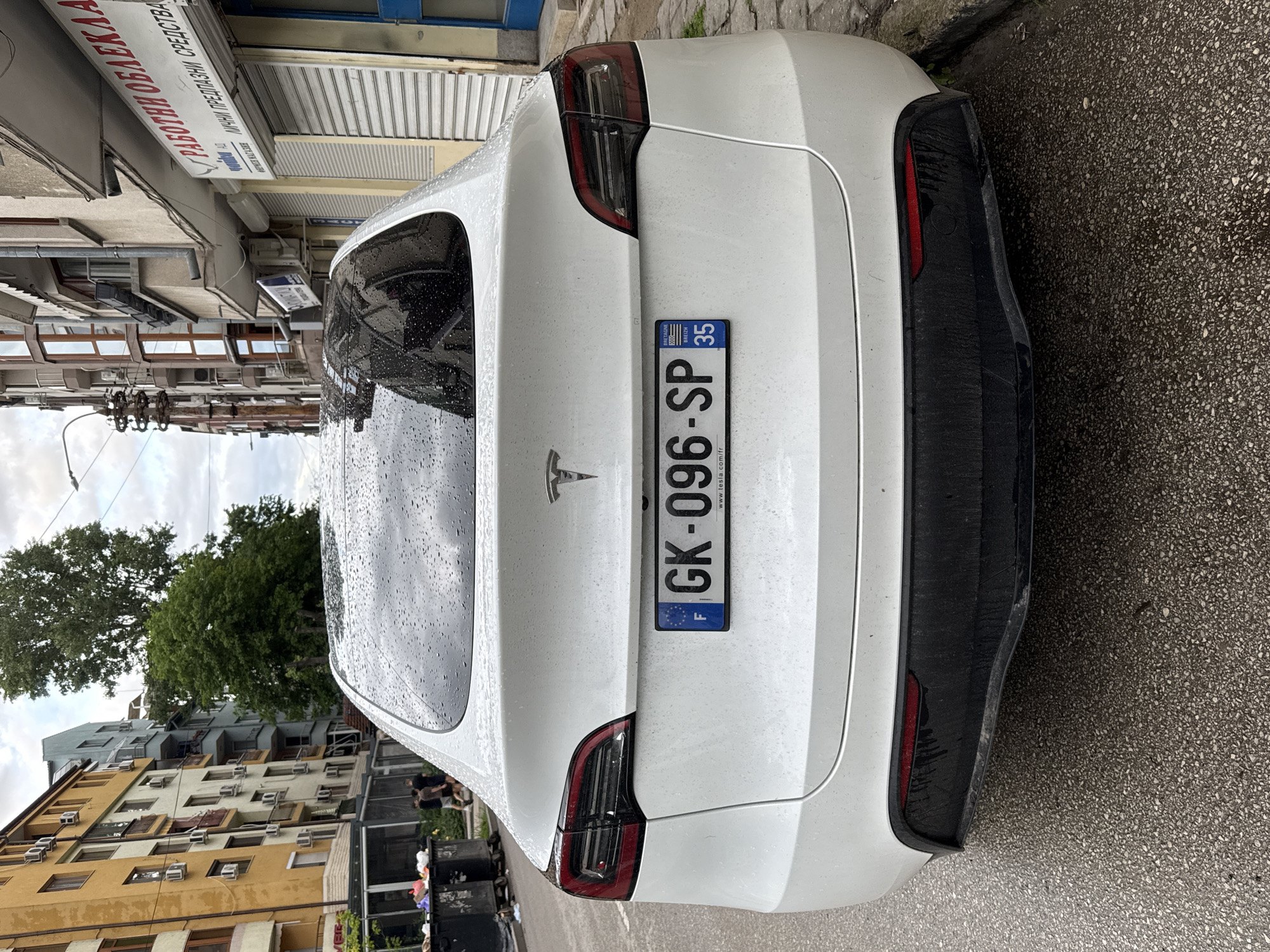A white Tesla Model Y is parked on a street in Pleven, Bulgaria. The car's rear is visible, showing the license plate "GK-096-SP" with the French flag and "35" département identifier. The car is wet with raindrops. The surrounding environment includes buildings, trees, and street elements such as pavement and storefronts.