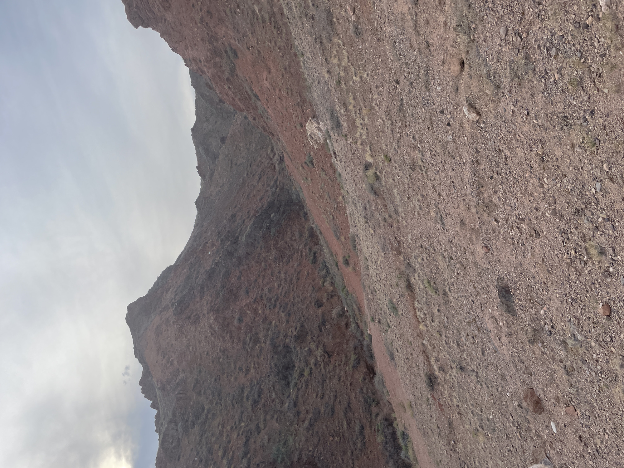 The image depicts a rugged, arid mountainous landscape under a cloudy sky. The terrain is characterized by steep, rocky slopes covered in sparse vegetation, predominantly scrub and dry grasses. The dominant colors are earthy reds and browns of the soil and rocks, contrasting with the muted gray of the sky and the green of the sparse plant life. The foreground is a gravelly incline dotted with small stones. In the middle ground, a dry, narrow ravine winds its way up into the mountains. The background features prominent peaks with sharp, jagged ridges. There are no people or man-made structures visible in the image. The scene evokes a sense of natural desolation and remoteness.
The image is not located in Tamerlik, Kazakhstan, but rather appears to be a natural landscape in a desert or semi-arid region.