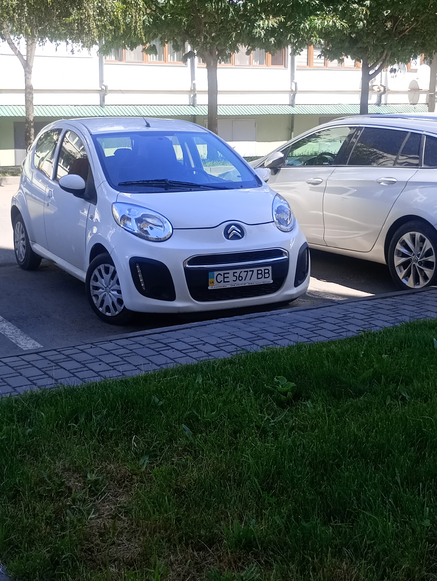 Two white cars are parked on a paved surface next to a grassy area. The car in the foreground is a small hatchback with a license plate reading "CE 5677 BB". It has its headlights on. The car in the background appears to be a larger sedan or wagon. In the background, there is a building with windows and trees with green foliage. The sky is not visible.