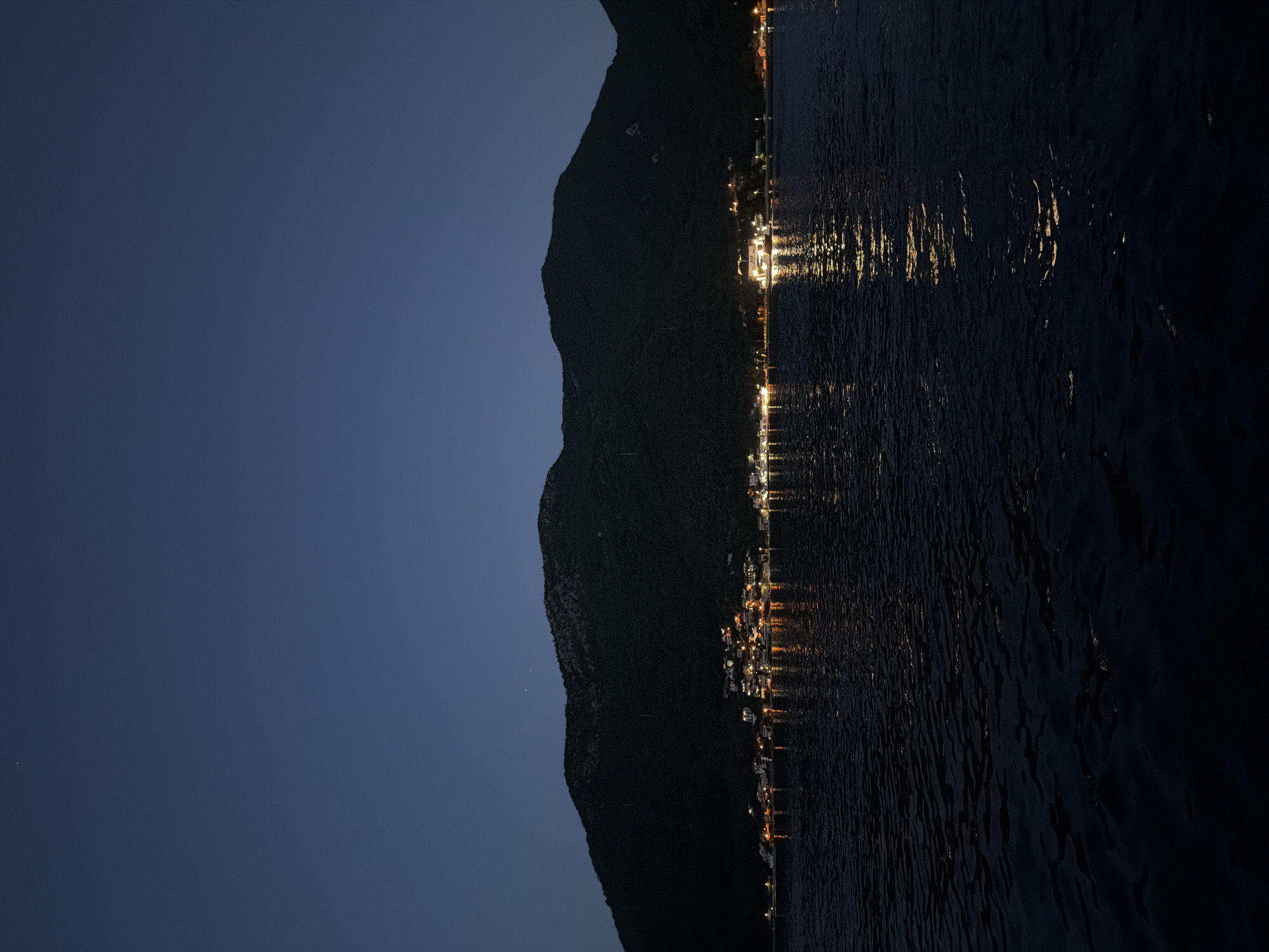 The image shows a nighttime view of a coastal town nestled at the base of a dark, tree-covered mountain. The town, likely located in or near Đurići, Montenegro, is illuminated by numerous lights, suggesting a settlement along the shore. The lights reflect on the dark, rippling surface of the water in the foreground, creating streaks of golden illumination. The sky above is a deep, dark blue, with a faint star visible in the upper left quadrant. The overall scene depicts a tranquil, dimly lit landscape with human habitation against a natural backdrop.