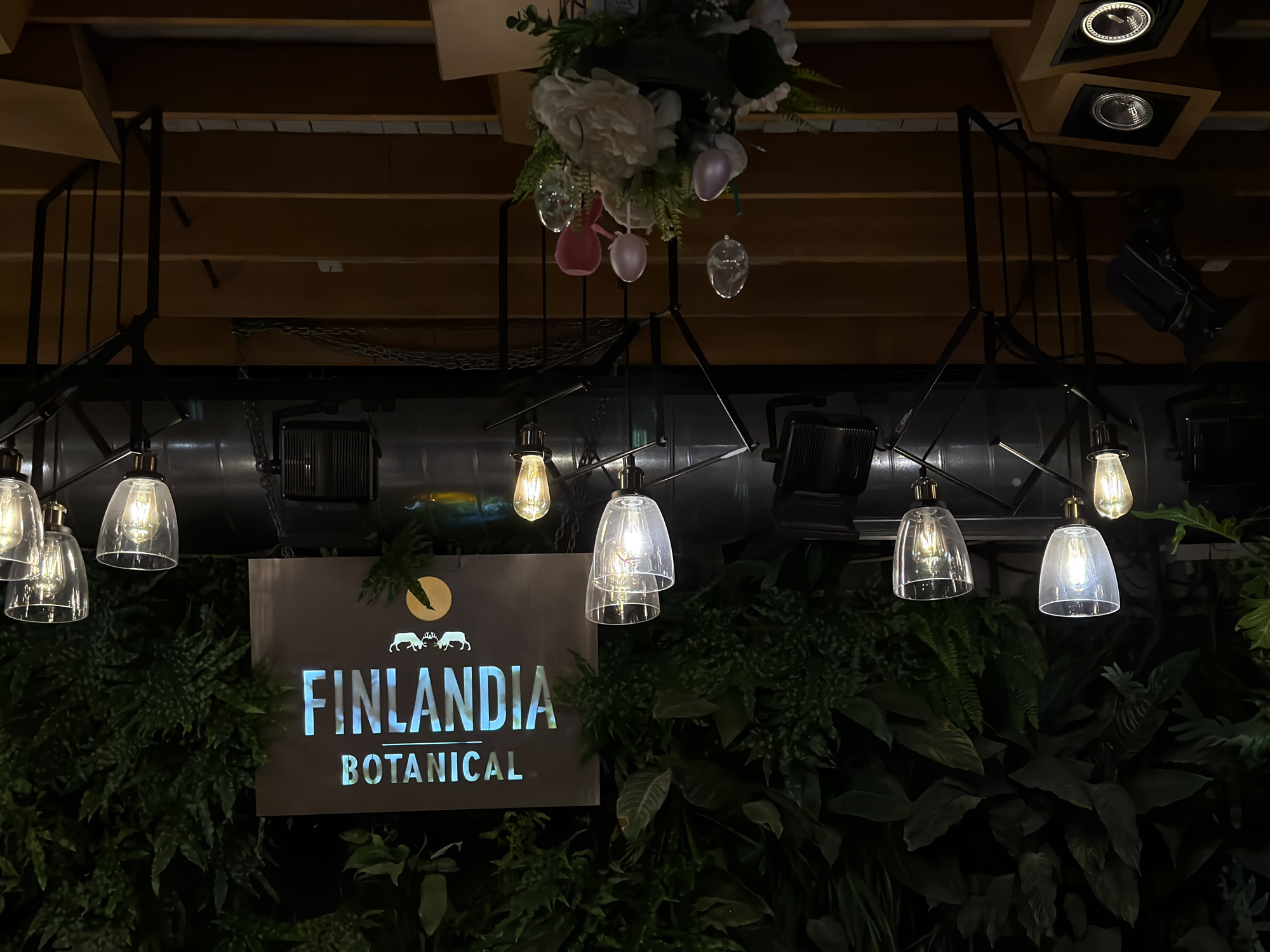 This interior image captures a dimly lit, cozy ambiance, likely within a restaurant, bar, or cafe in Sofia, Bulgaria. The central focus is an illuminated sign bearing the text "FINLANDIA BOTANICAL" in a modern, light blue font. Above the word "FINLANDIA," an emblem depicts two antlered animals, possibly elk or reindeer, facing each other under a circular symbol, which could represent a sun or moon.
The sign is set against a lush backdrop of dark green foliage, appearing to be a vertical garden or a wall covered in artificial plants. Numerous industrial-style hanging light fixtures are dispersed throughout the upper and middle sections of the frame. These lights feature clear glass shades or are bare, showcasing warm-toned, exposed filament bulbs that cast a soft, inviting glow.
Above the lights and the sign, an elaborate decorative arrangement is suspended from a dark metal structure. This includes clusters of white and green artificial flowers and foliage, along with several transparent and pink egg-shaped ornaments. The ceiling above consists of wooden panels, with some recessed spotlights encased in wooden boxes also visible, alongside other metal beams and industrial elements like ducts. The overall atmosphere is one of natural elegance and warmth, suggesting an evening setting. No people are visible in the image.