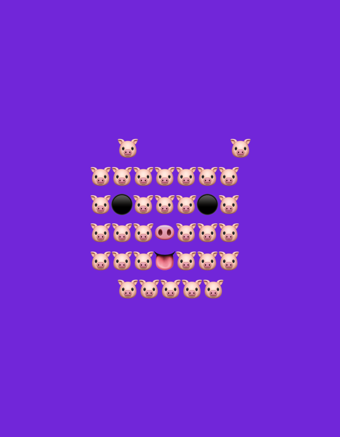 The media file displays an artistic arrangement of emojis against a solid, vibrant purple background. The emojis are strategically placed to form the stylized head of a pig.
The pig's head is constructed primarily from multiple "pig face" emojis (π·). The uppermost part of the head features two "pig face" emojis, positioned to the far left and right. Below these, a row of pig faces forms the top of the head. The eyes are represented by two "black circle" emojis (β«), symmetrically placed within a row of "pig face" emojis. The central feature of the face is a "pig nose" emoji (π½), flanked by "pig face" emojis to either side. Below the nose, a "tongue" emoji (π
) forms the mouth, also surrounded by "pig face" emojis. The lower portion of the pig's head is completed by additional rows of "pig face" emojis, forming the chin and jawline.
The background is entirely plain purple, providing a stark contrast to the colorful emojis. There are no other subjects, objects, or environmental details present. The image conveys a playful or creative intent through its emoji composition. No text is visible. The image offers no discernible cues regarding time of day, weather, or specific geographical location within the frame.