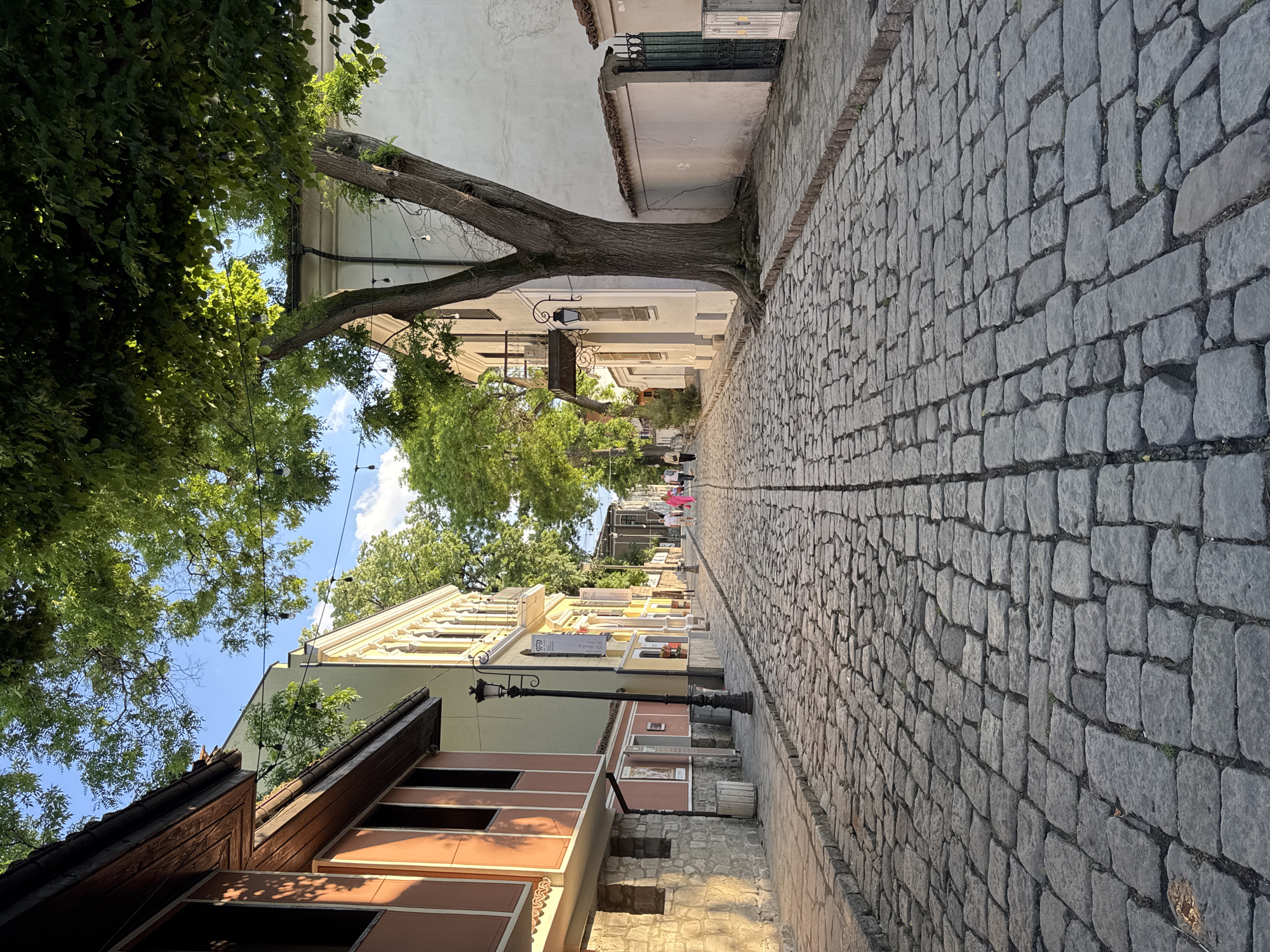 The image depicts a cobblestone street in the old town of Plovdiv, Bulgaria. The street is lined with buildings of varying heights and architectural styles, primarily painted in light colors. A large tree grows between two buildings, its branches extending over the street and intertwining with decorative string lights. Two people are walking in the distance down the street. A black lamppost is positioned along the street edge. The sky is visible between the tree branches and is a light blue color. The photograph appears to have been taken during daylight hours.