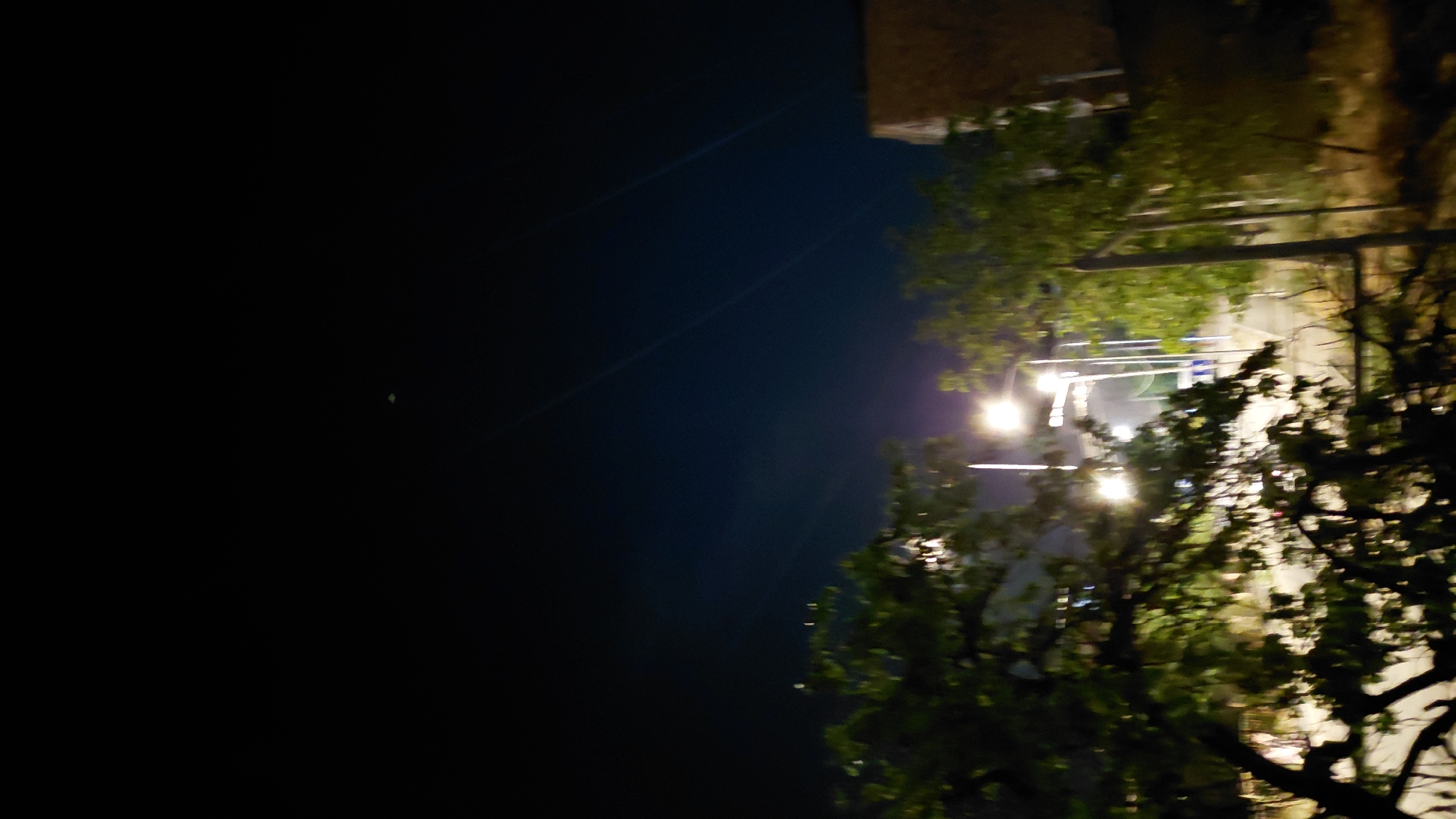 The image depicts a nighttime scene in Abovyan, Armenia. In the foreground, the silhouettes of trees with dark foliage obscure the view. Beyond the trees, a street is visible, illuminated by streetlights. Several tall, thin poles, likely streetlights or utility poles, are present. One of these poles has a bright, lit lamp at its top, casting a warm glow. The street appears to be paved and there is a building with a brick facade visible on the right side of the frame. The sky above is dark, with a few faint, parallel lines that might be contrails or light streaks. A small, indistinct green object is faintly visible in the upper portion of the dark sky. The overall impression is one of a quiet, urban night.
