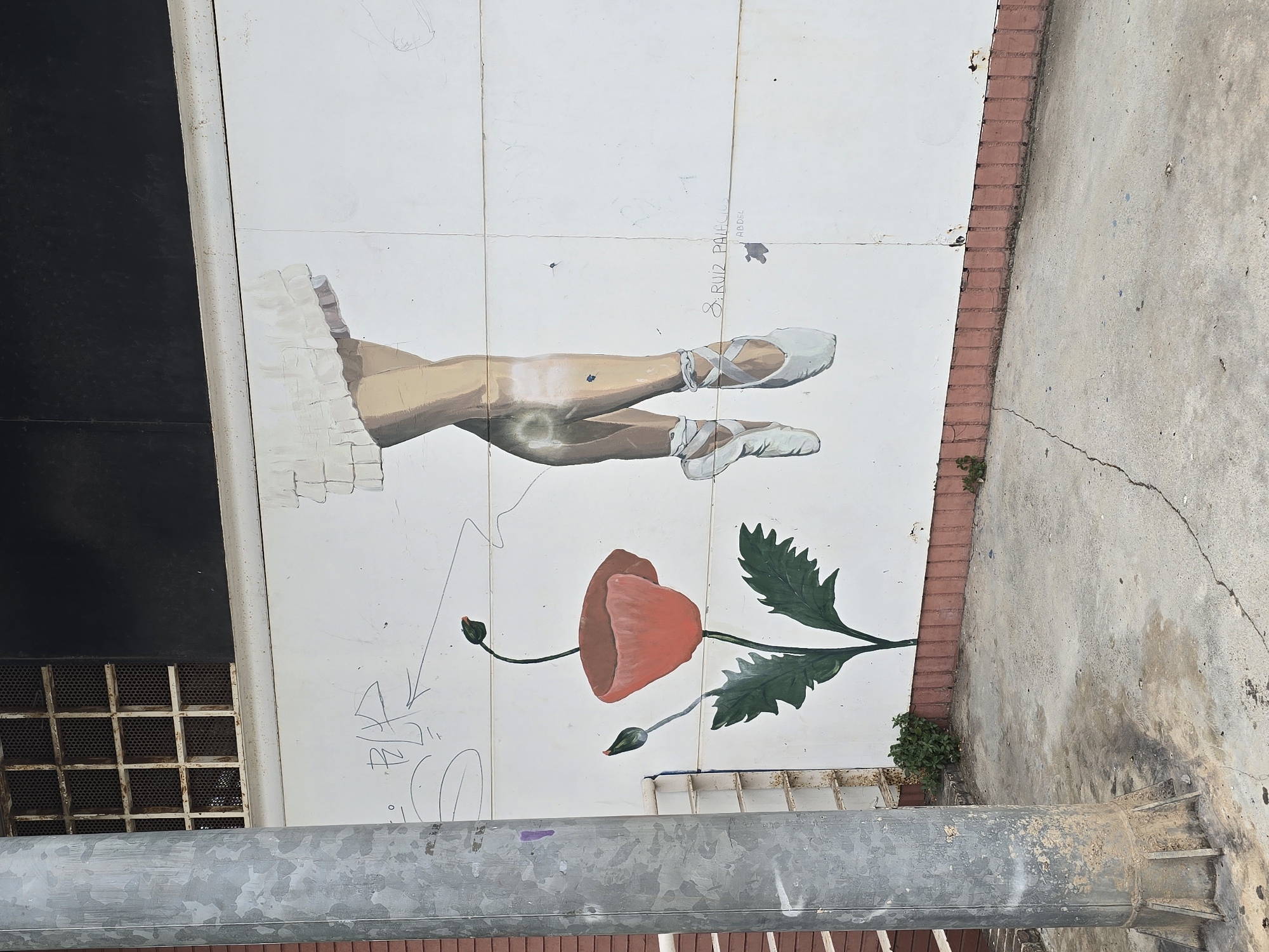 The image depicts a mural on a white wall in Cornellà de Llobregat, Spain. The mural features a drawing of a poppy flower with red petals and green leaves, as well as the lower legs and ballet shoes of a dancer. The dancer's legs are positioned crossed, and she is wearing white ballet slippers. There are faint graffiti markings and a signature that reads "S. RUIZ PALACIO ABDELL" on the wall. To the left of the mural is a weathered grey metal pole. In the background, above the mural, is a dark surface with a barred window. The ground in front of the wall is a concrete surface with some cracks and debris, and there are small green plants growing at the base of the wall.