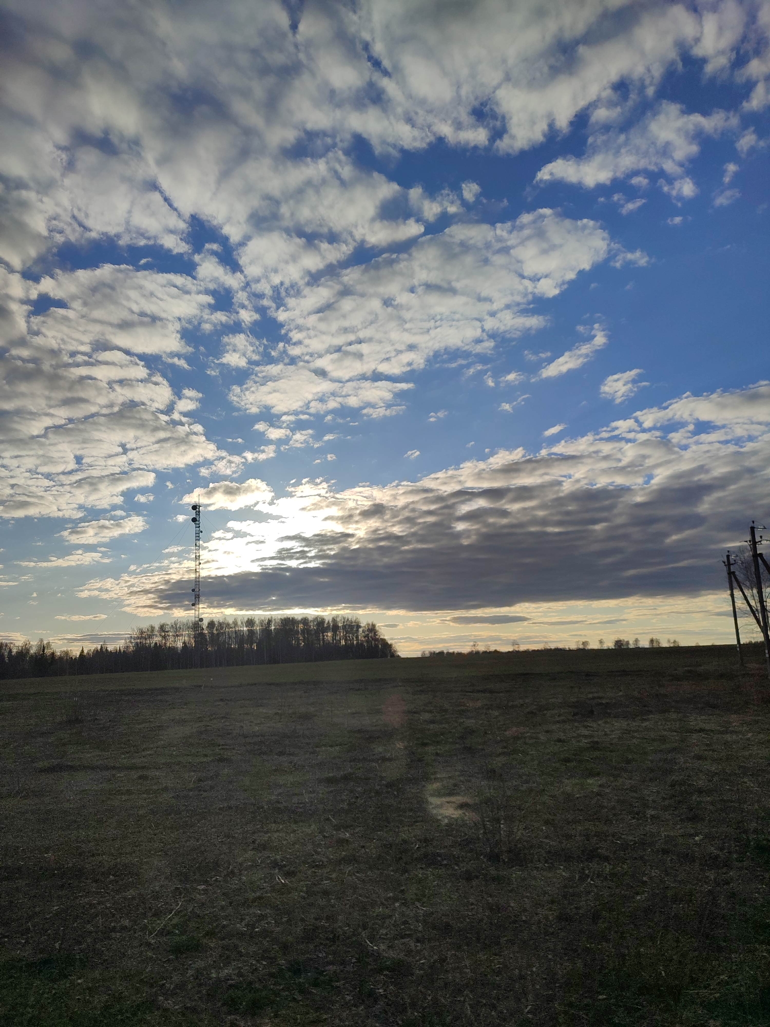 The image shows a rural landscape with a field in the foreground. The field appears to be grassy and somewhat barren. In the middle ground, there's a line of trees and a tall communication tower with antennas. A set of utility poles stand on the right side of the frame. The sky is filled with scattered clouds and patches of blue. The sun appears to be setting or rising near the horizon line.
While the image may be taken in Bol'shoi Bukor, Russia, there is no specific information to confirm this statement. The presence of the utility poles and communication tower suggest a location with some infrastructure, but without additional details, the precise location cannot be verified.