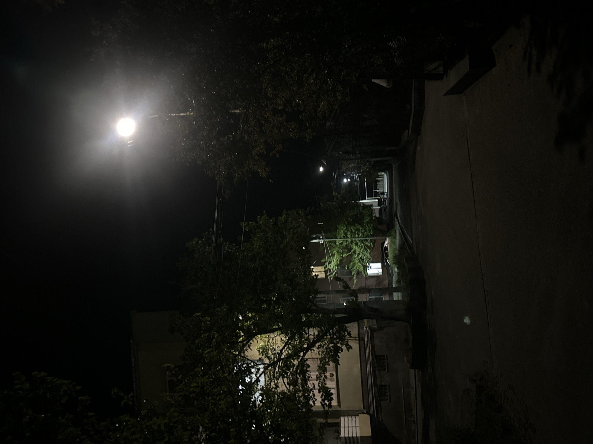 The image displays a nocturnal street scene in Agarak, Armenia, characterized by artificial illumination and deep shadows. A prominent, intensely bright street lamp is positioned in the upper-left portion of the frame, emitting a strong glare and creating a hazy halo against the dark night sky. This light source is the primary illuminator for the immediate foreground.
Numerous trees with dense, dark green foliage occupy significant parts of the image, framing the view from the left and partially obscuring the background. Their branches and leaves are either silhouetted against the bright light or softly illuminated where the light reaches.
In the midground, several multi-story buildings are visible through and behind the trees. Many windows in these structures are brightly lit from within, indicating occupancy and adding to the ambient light. Fainter, more distant streetlights can be seen further down the street or alleyway. Utility poles and power lines are discernible, weaving through the tree canopy.
The paved street or pathway occupies the right side of the image, stretching into the background. It appears empty of vehicles or pedestrians, contributing to the scene's quiet and still atmosphere. No specific activity is taking place. The time is night, and the weather seems clear. No people are visible, and there is no discernible text in the image. The overall impression is one of urban solitude under artificial light.