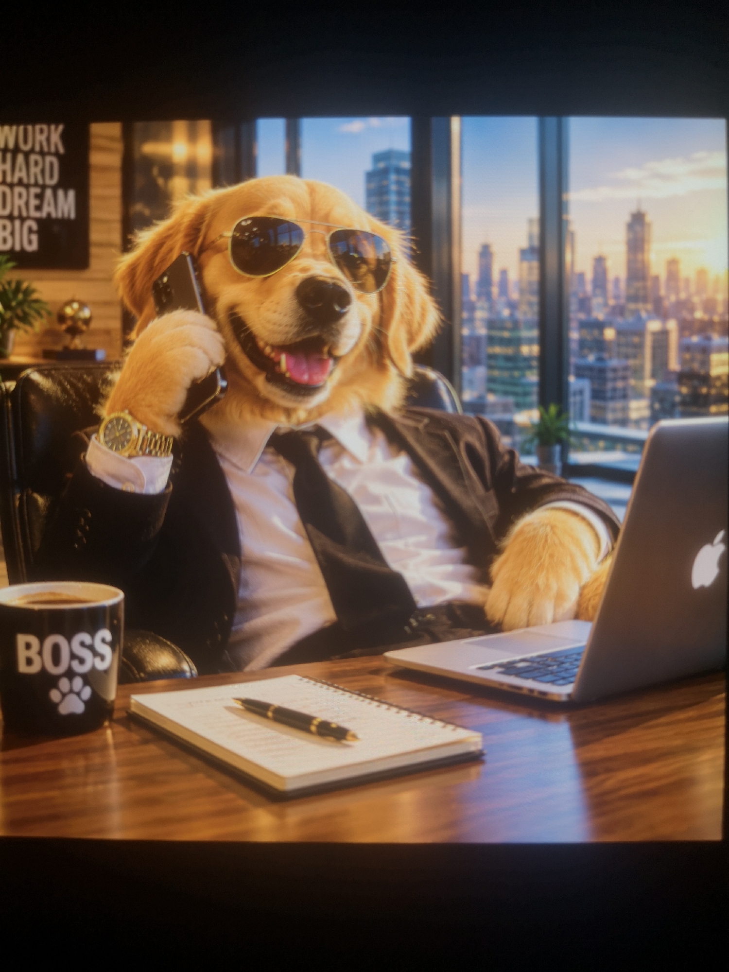 A golden retriever anthropomorphic figure is depicted in an office setting. The dog is wearing sunglasses, a black suit, and a white collared shirt with a black tie. A gold watch is visible on the dog's left wrist. The dog is seated in a black leather chair and holding a smartphone to its left ear.
A black mug with the word "BOSS" and a white paw print is on the desk to the left of a notebook and a black pen. A laptop with an Apple logo is to the right of the notebook. The desk appears to be made of polished wood.
Behind the dog, a large window provides a view of a city skyline with numerous tall buildings. A sign with the words "WORK HARD DREAM BIG" is visible on the wall to the left. In the background, there are also a globe and a potted plant.