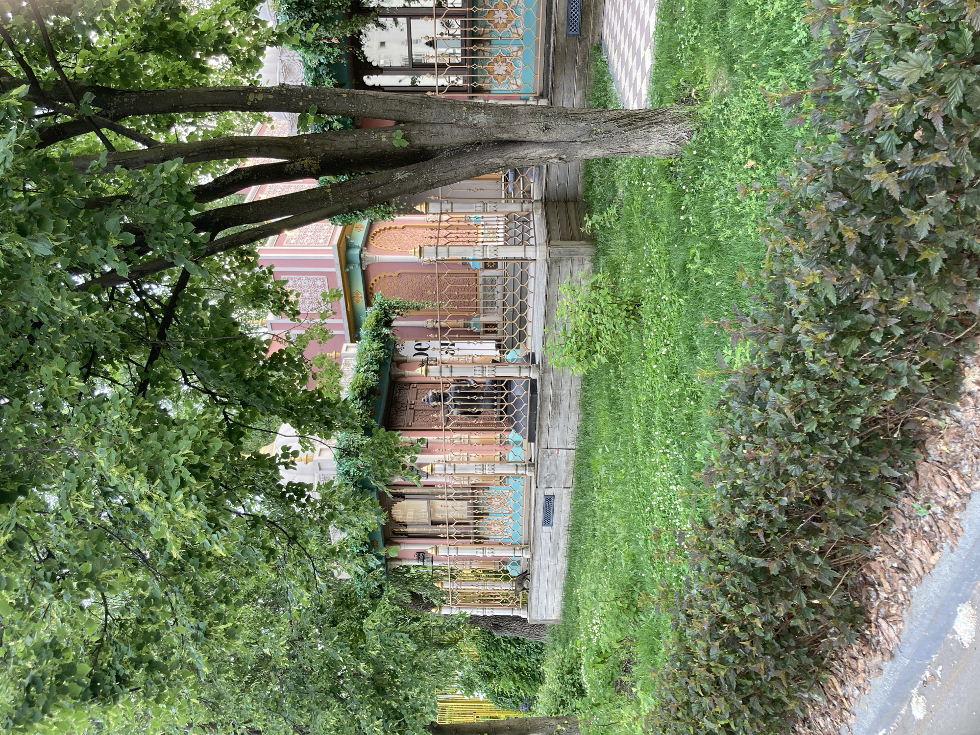 In Moscow, Russia, a cat walks across the wooden porch of a building with pink and gold ornamentation and a decorative railing. The porch is surrounded by a manicured lawn dotted with small white flowers. A large tree with green leaves stands to the right of the porch, its trunk prominent in the foreground. In front of the lawn is a row of dark green bushes, with a concrete curb and tree bark mulch bordering a sidewalk. Lush green foliage and trees form the background, partially obscuring the building's details.