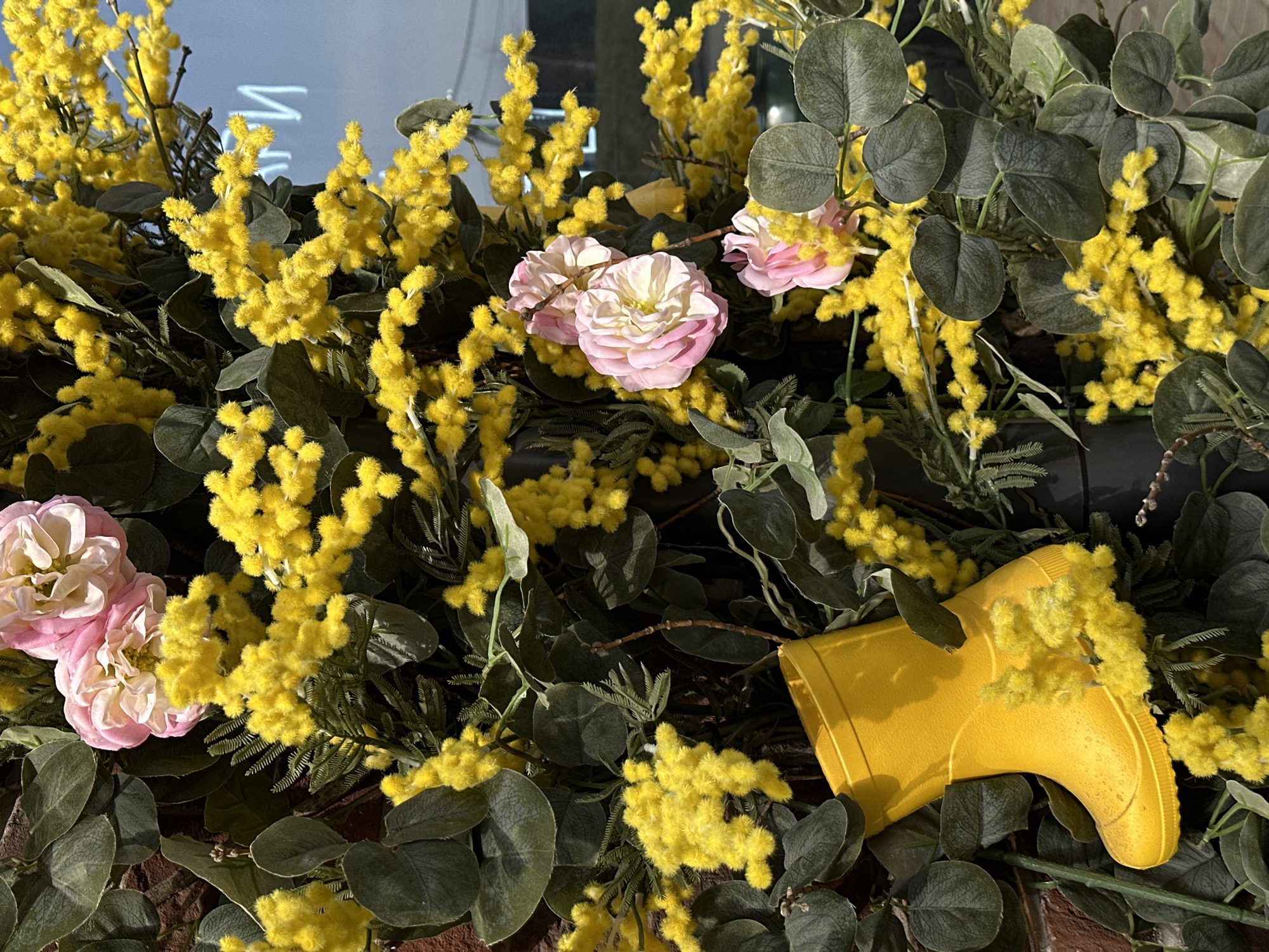 An outdoor decorative floral display is depicted in Rostov-on-Don, Russia, featuring a dense arrangement of artificial yellow mimosa, pink and white roses, and various green foliage. A bright yellow child's rubber boot is centrally positioned, oriented horizontally with its opening directed slightly upward and to the right, partially filled with yellow mimosa branches. The arrangement includes broad, rounded green leaves and finer, fern-like green foliage. A reddish-brown, textured surface, possibly brickwork, is visible on the left side, while a reflective glass surface, likely a window, occupies the right, showing blurred white Cyrillic characters, including "И". The scene is illuminated by natural light. No individuals are present.