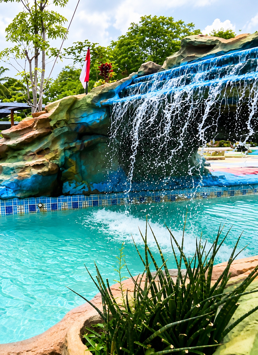An outdoor artificial waterfall cascades into a swimming pool, with lush green trees and a cloudy blue sky visible in the background. The waterfall is designed to resemble a rock formation, painted in shades of blue and brown. A red and white Indonesian flag is planted on top of the rock formation. In the foreground, a cluster of spiky green plants grows out of a planter at the edge of the pool. The swimming pool itself is a bright turquoise color, with a tiled border featuring a blue and white checkered pattern. The scene appears to be set in a resort or water park. The exact location is identified as Eampat Kwalamencirim, Indonesia.